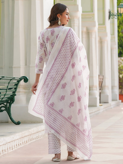 Women Floral Printed Cotton Kurta with Trousers & Dupatta