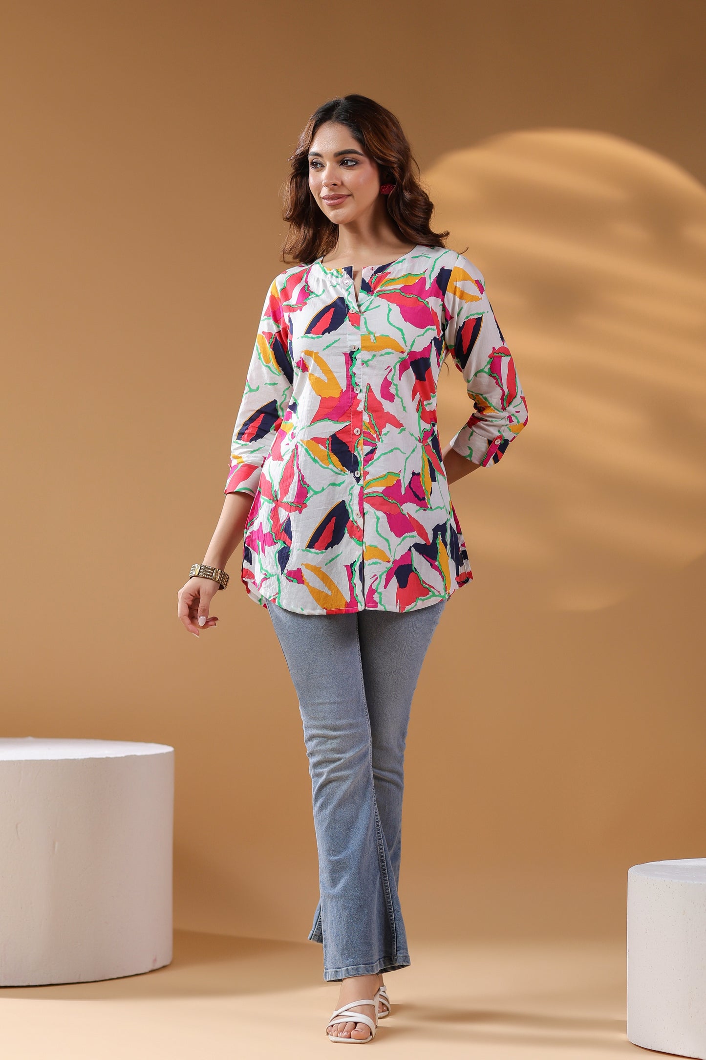 Women Floral Printed Three-Quarter Sleeves Cotton Top