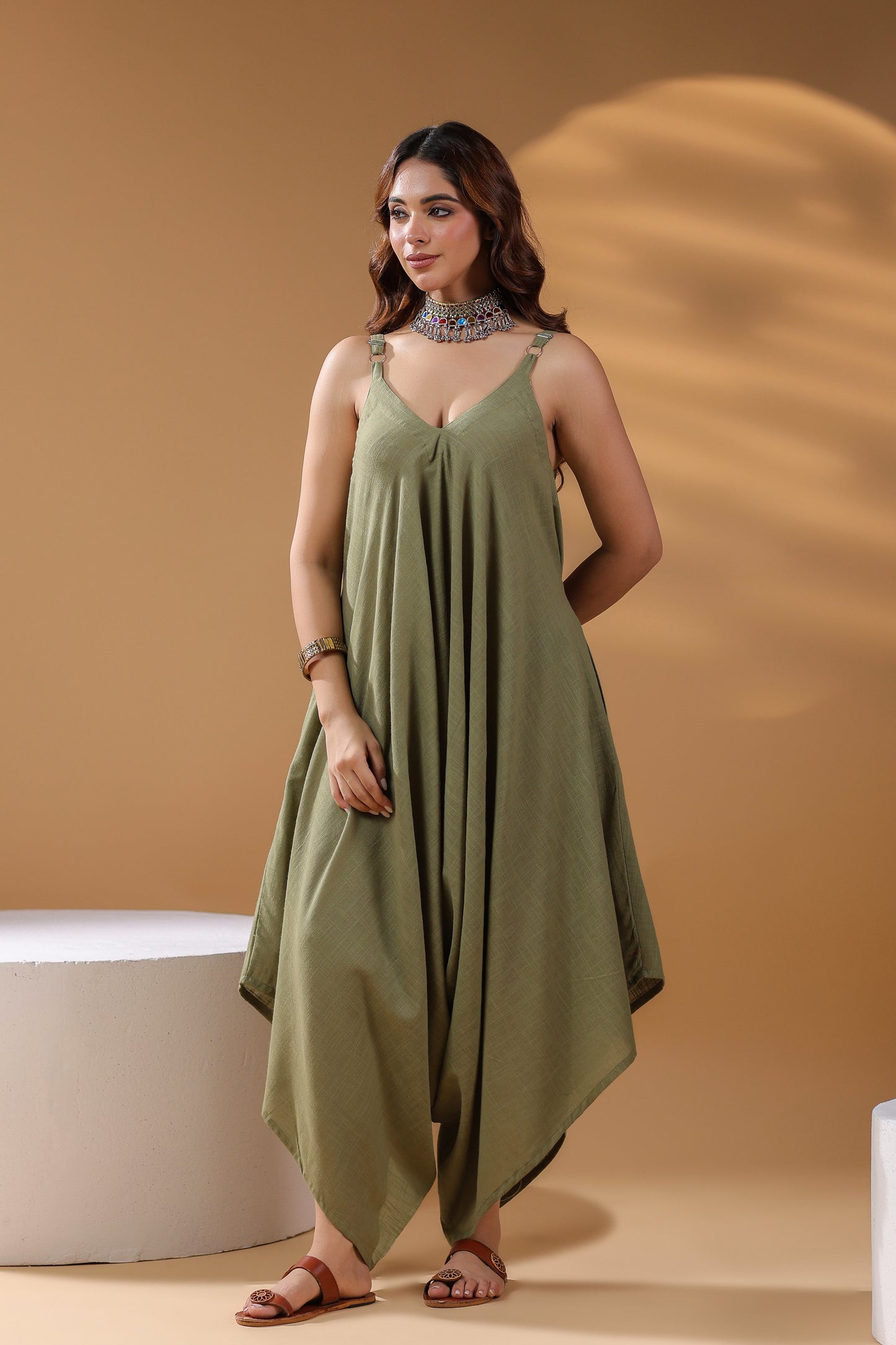 Women Shoulder Straps Cotton Basic Jumpsuit