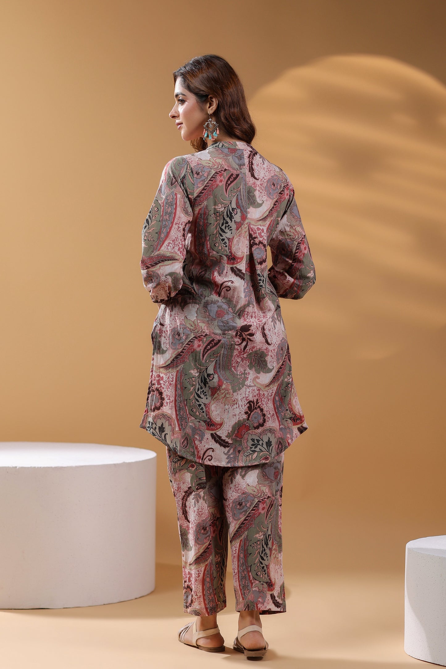 Floral Printed Mandarin Collar Pure Cotton Tunic & Trouser