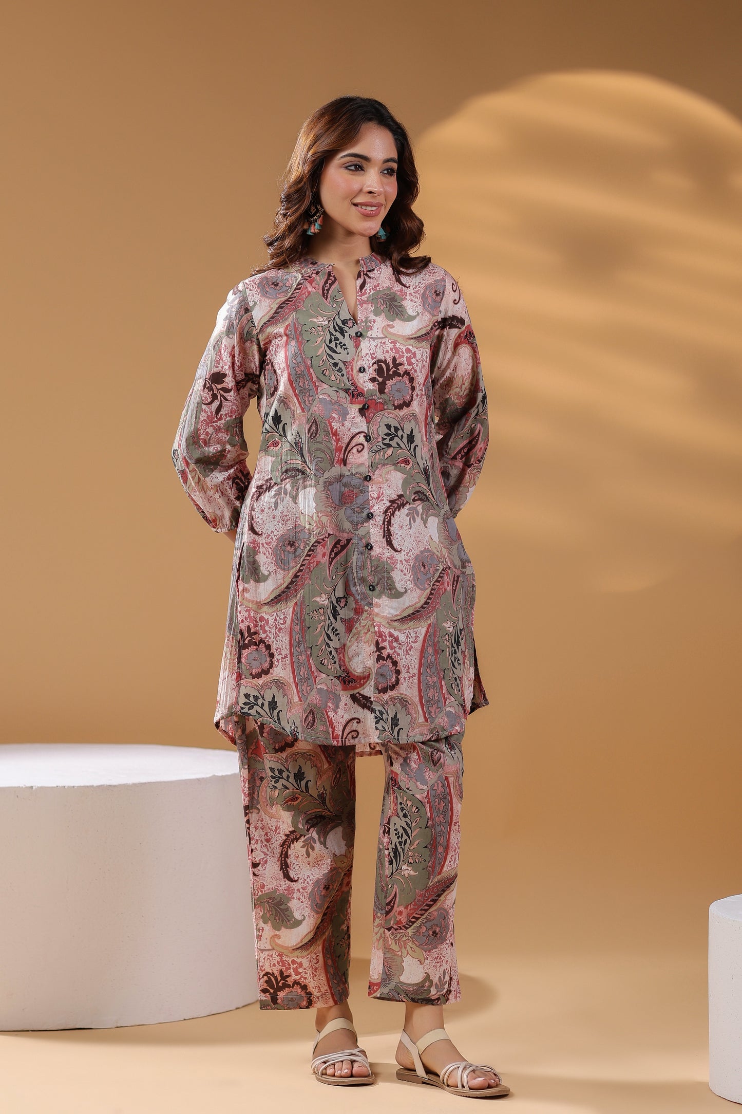 Floral Printed Mandarin Collar Pure Cotton Tunic & Trouser