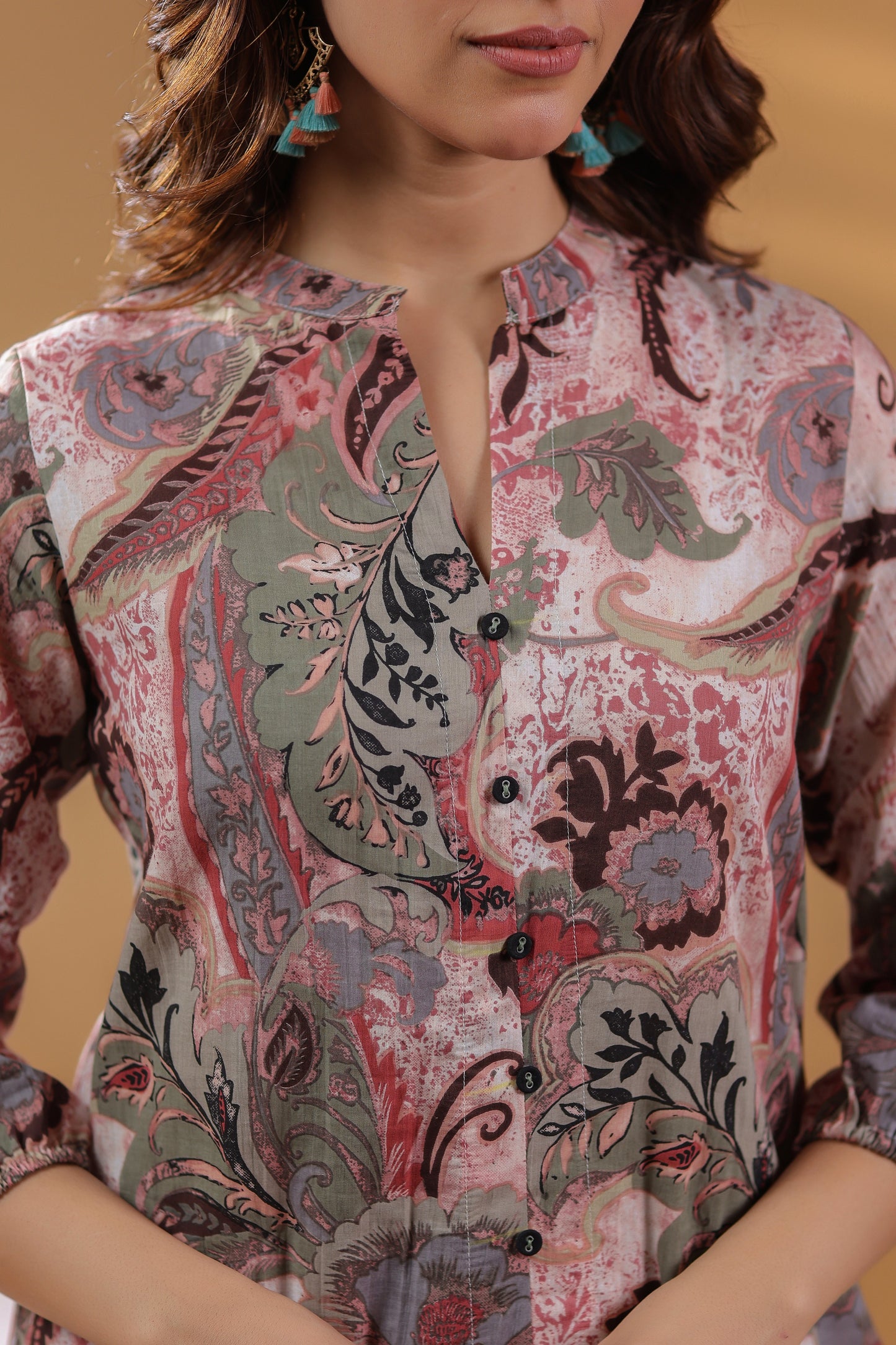Floral Printed Mandarin Collar Pure Cotton Tunic & Trouser