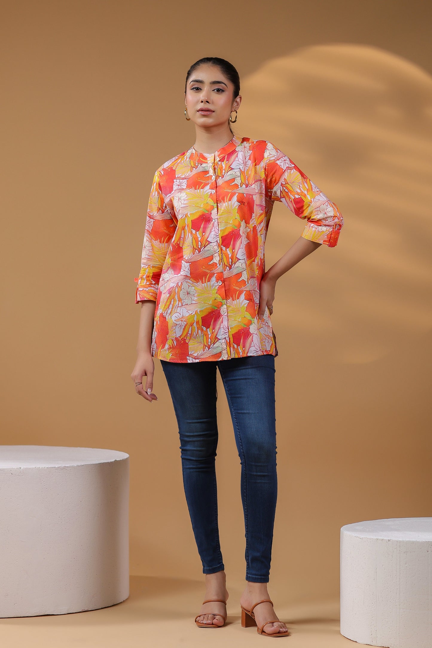 Women Floral Printed Mandarin Collar Cotton Top