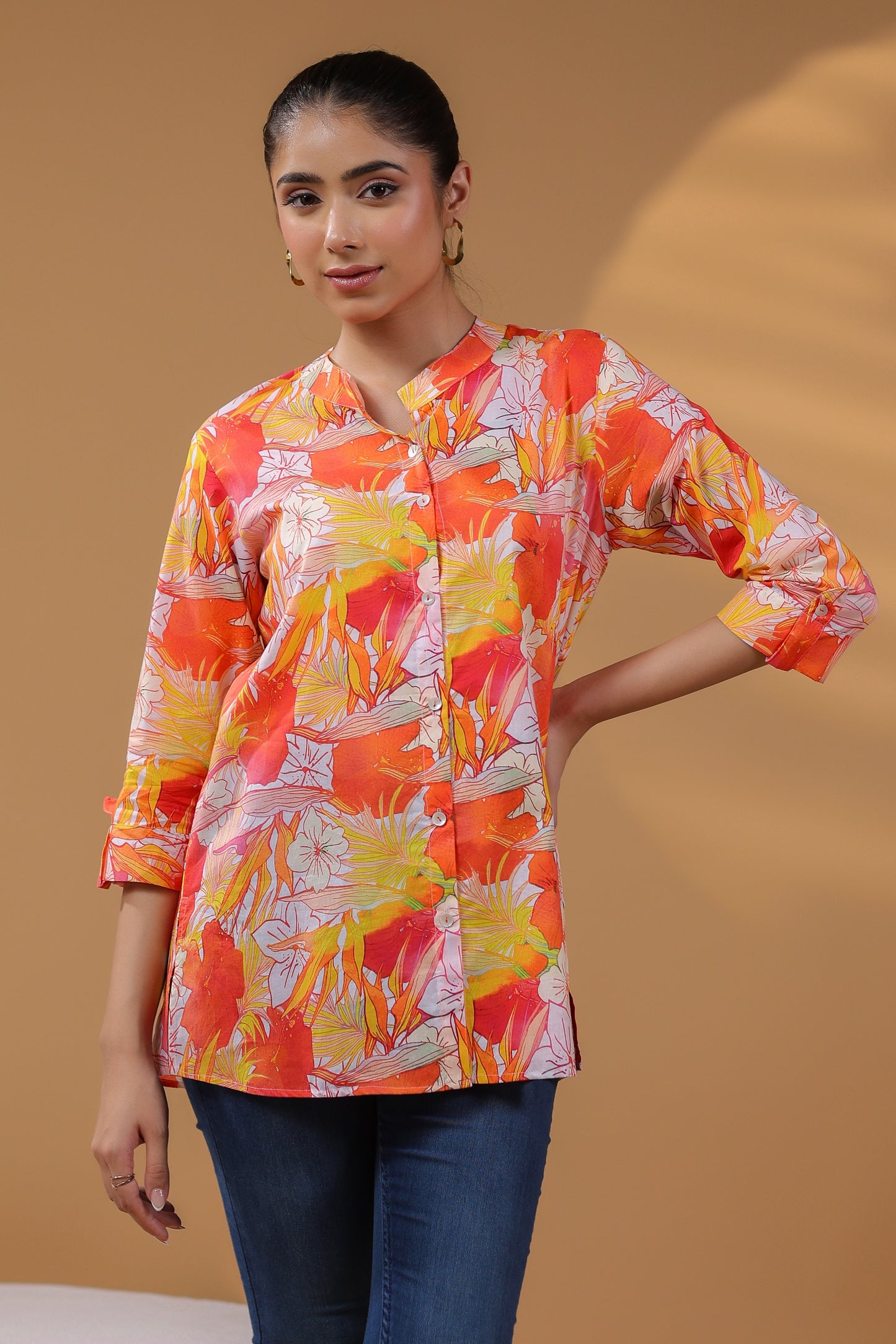 Women Floral Printed Mandarin Collar Cotton Top
