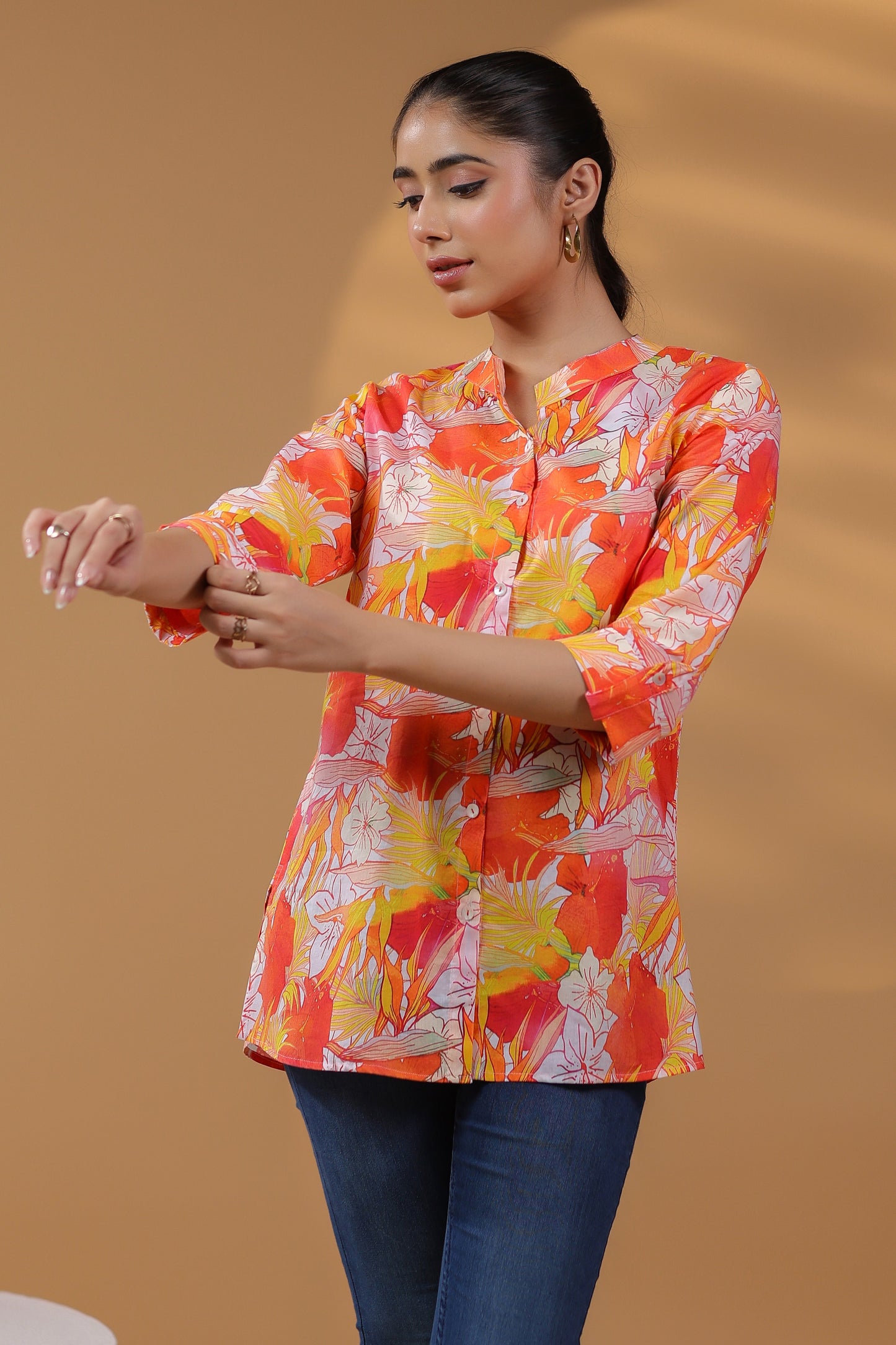 Women Floral Printed Mandarin Collar Cotton Top