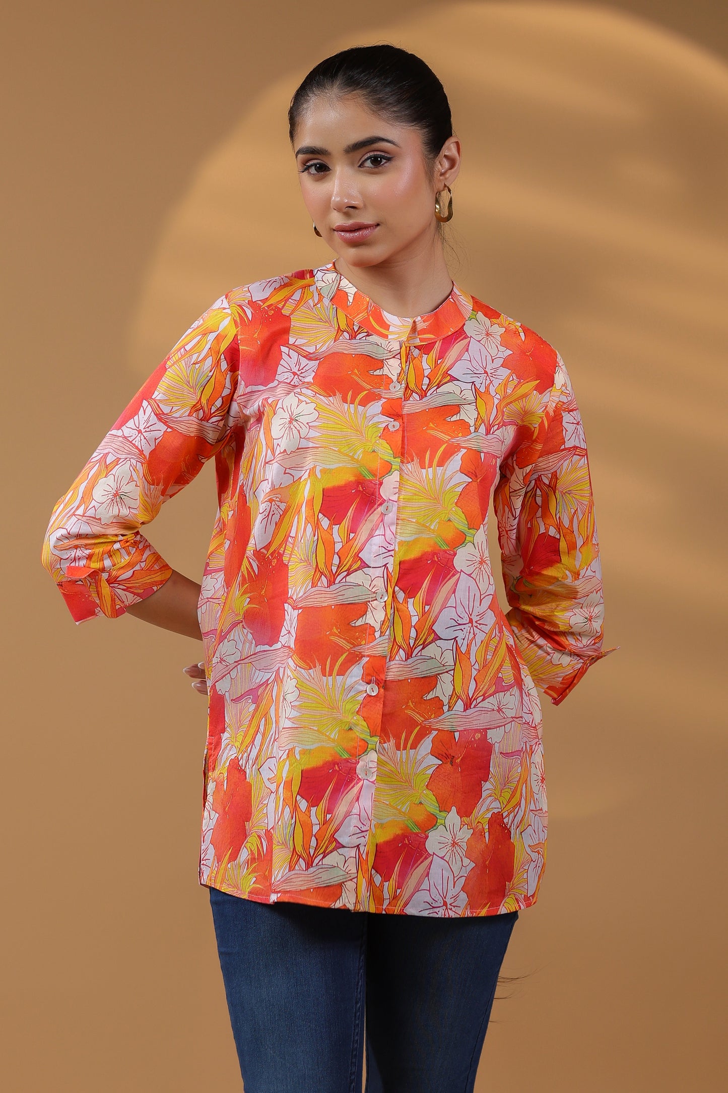 Women Floral Printed Mandarin Collar Cotton Top