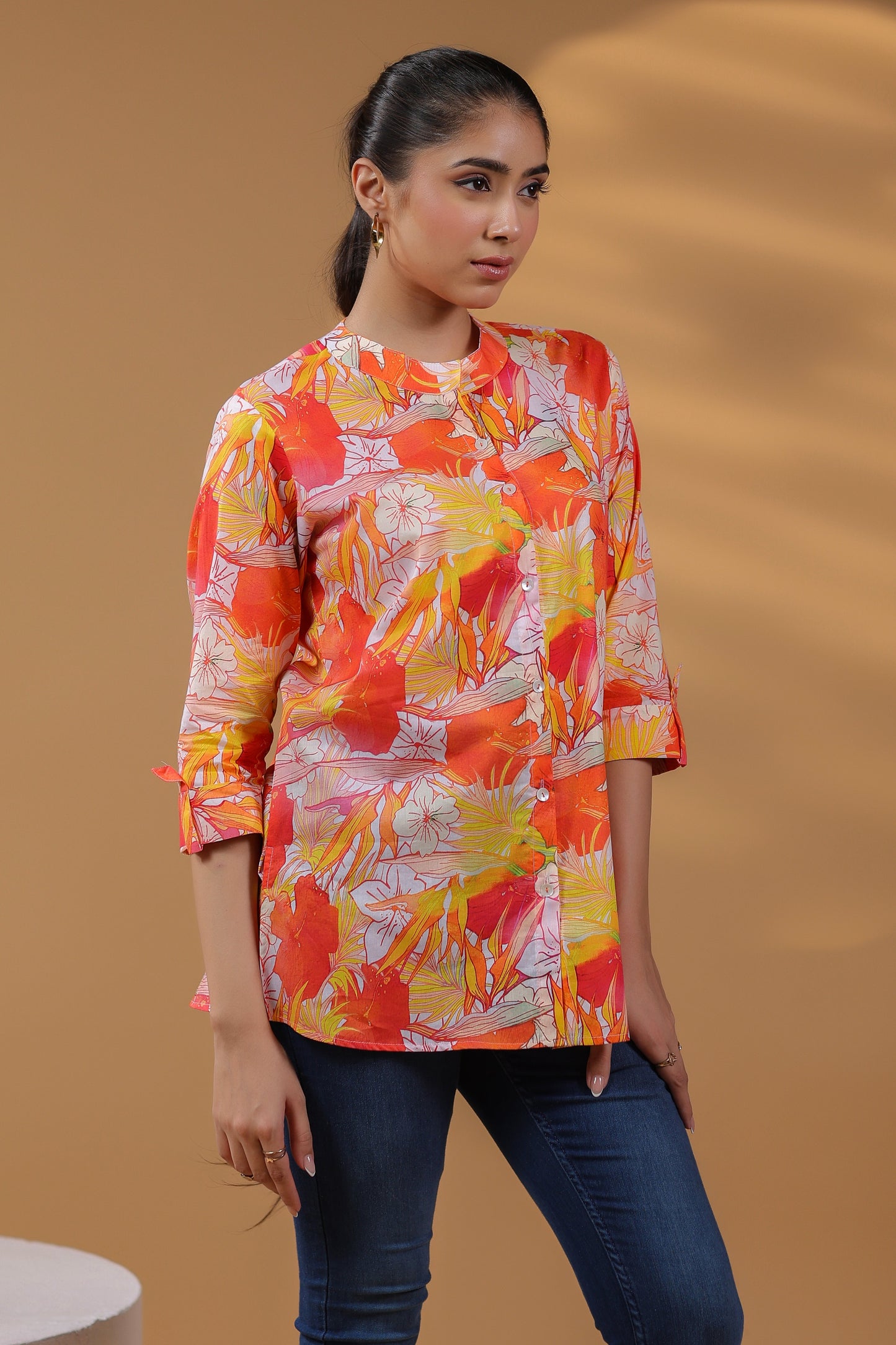 Women Floral Printed Mandarin Collar Cotton Top