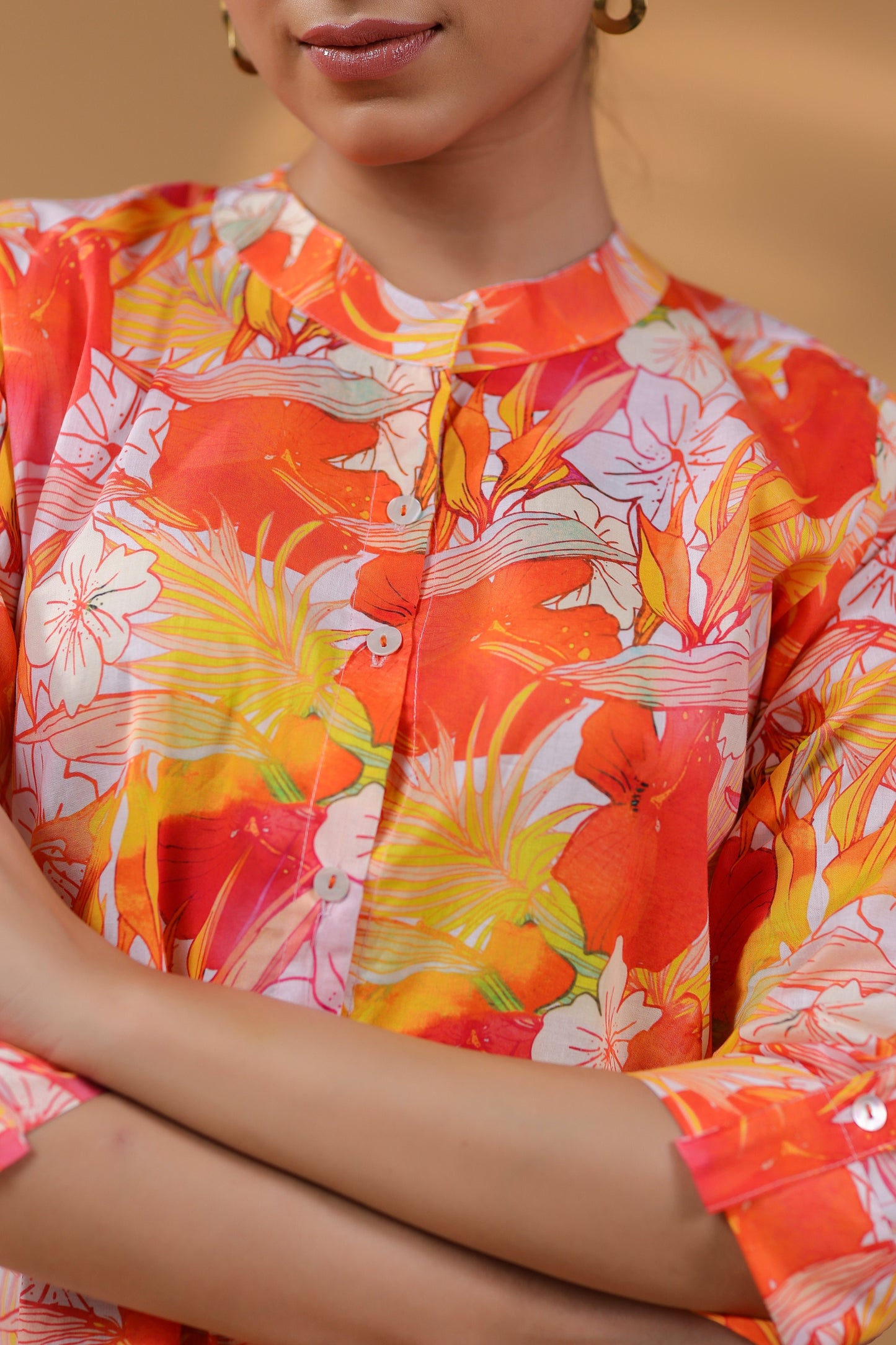 Women Floral Printed Mandarin Collar Cotton Top