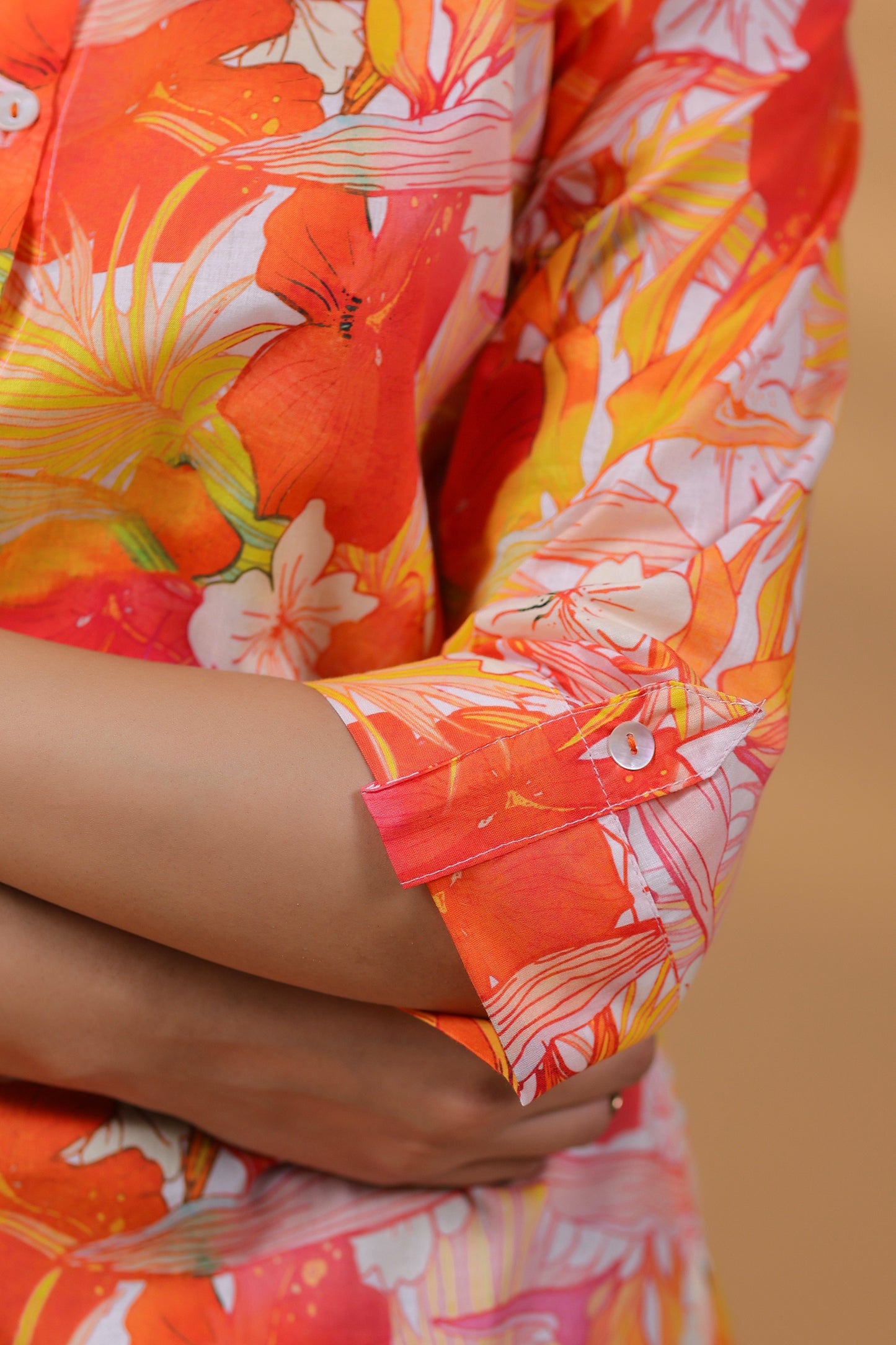 Women Floral Printed Mandarin Collar Cotton Top