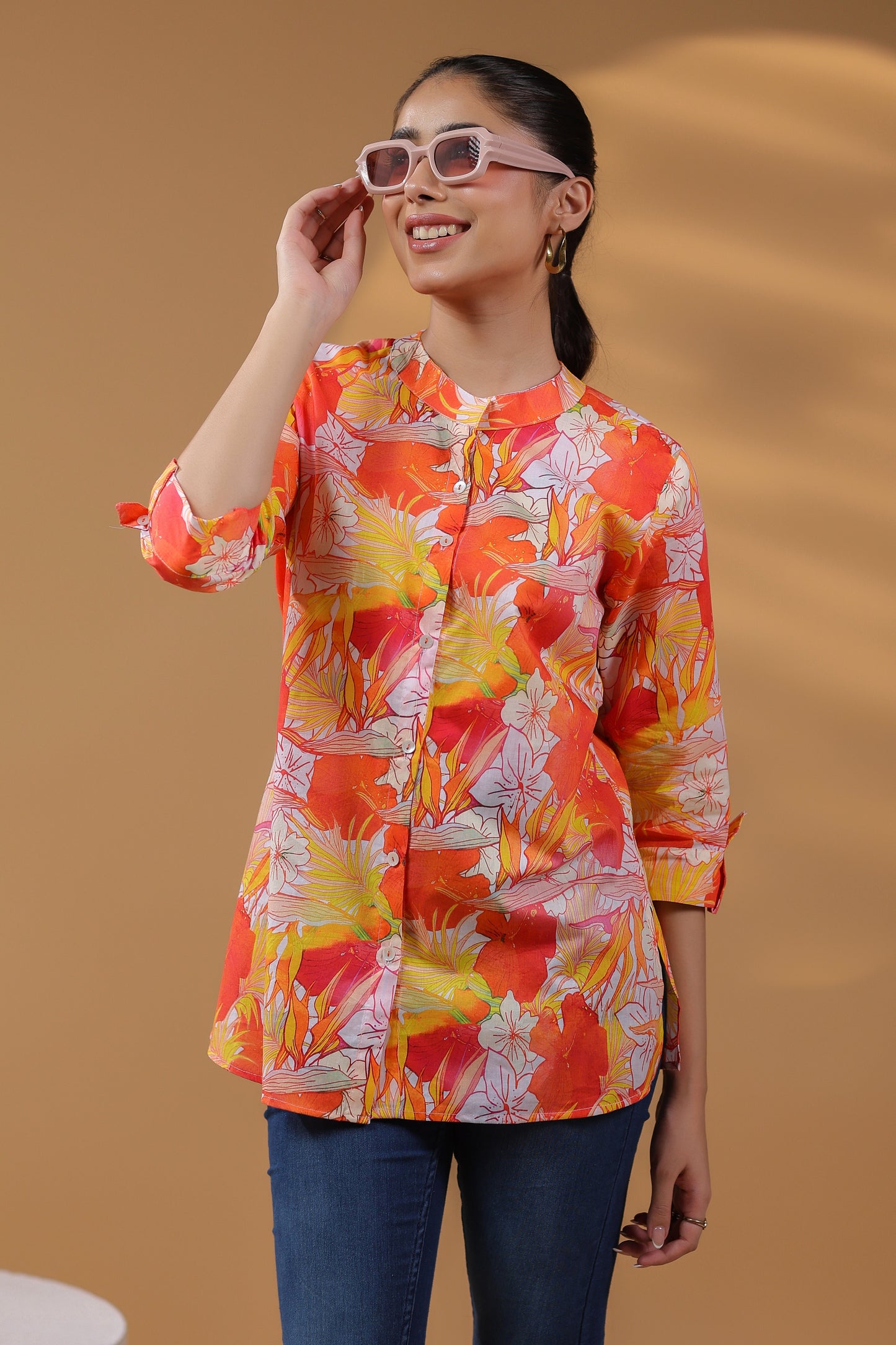 Women Floral Printed Mandarin Collar Cotton Top