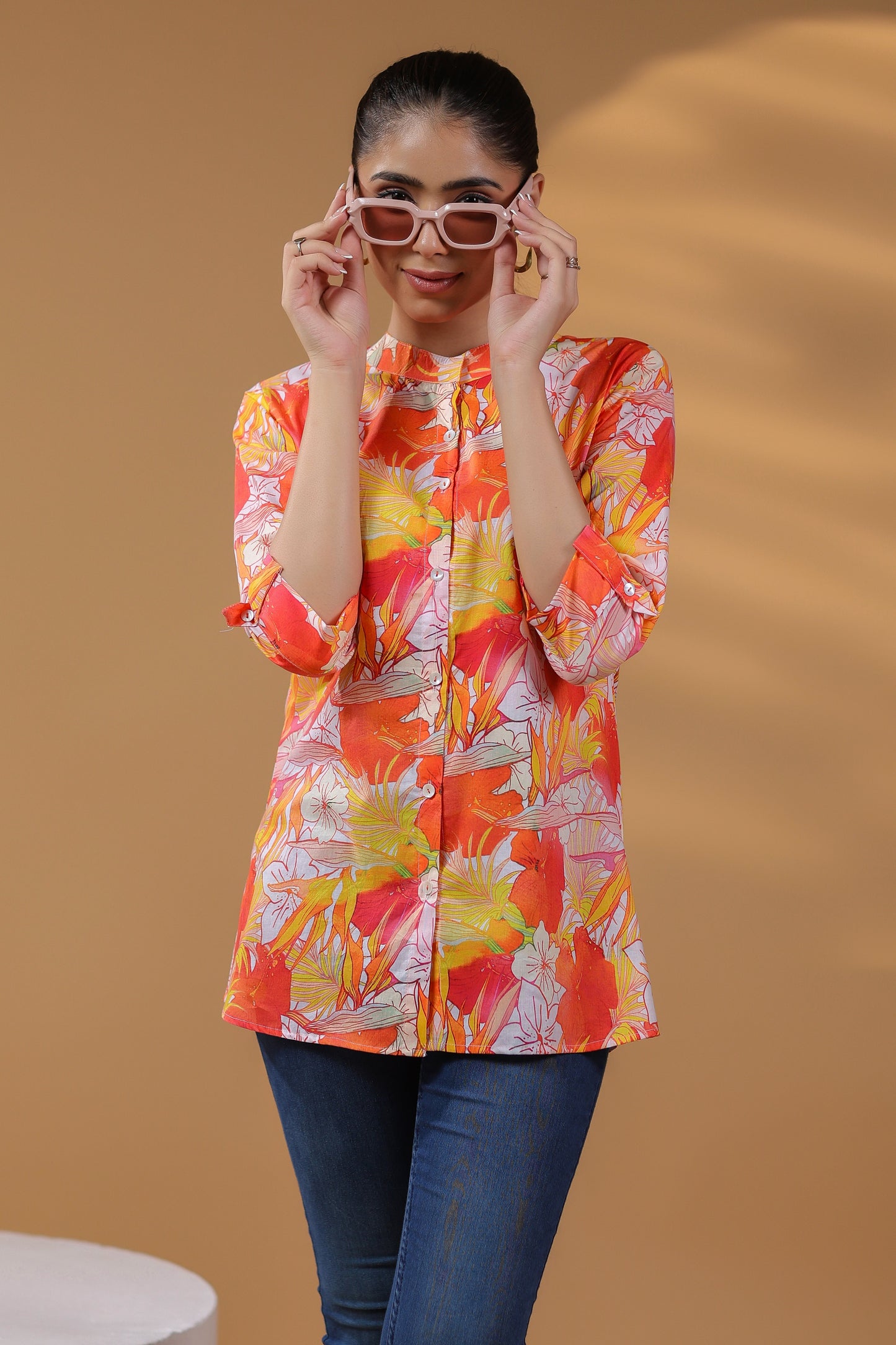 Women Floral Printed Mandarin Collar Cotton Top