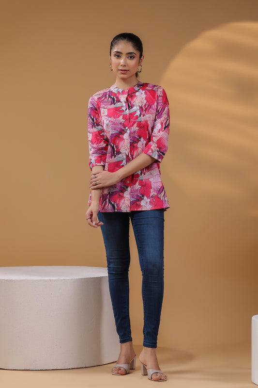 Women Floral Print Round Neck Cotton Top