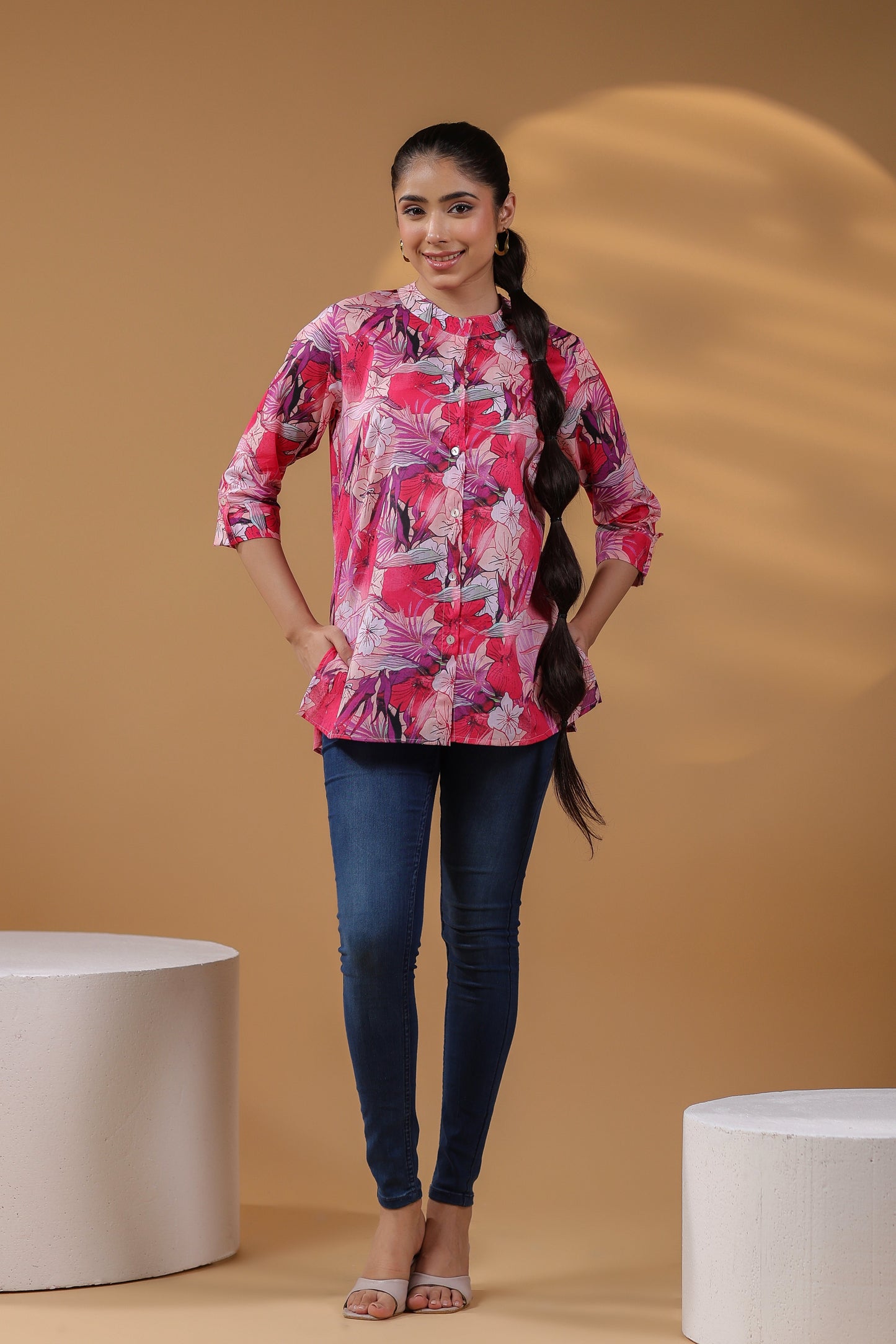 Women Floral Print Round Neck Cotton Top