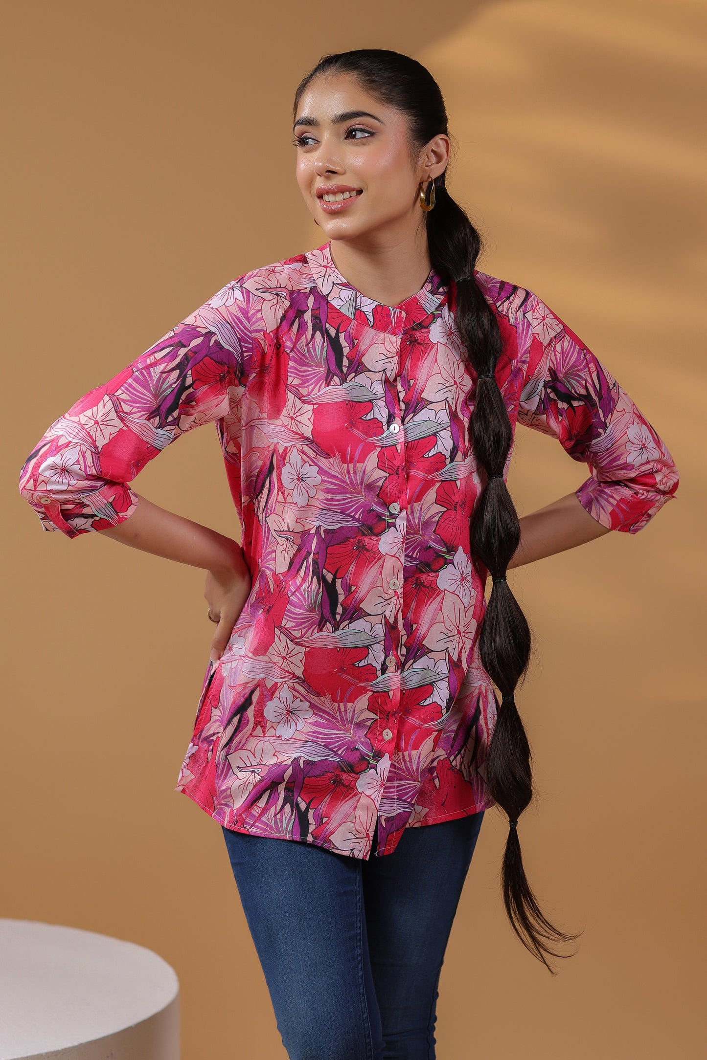 Women Floral Print Round Neck Cotton Top