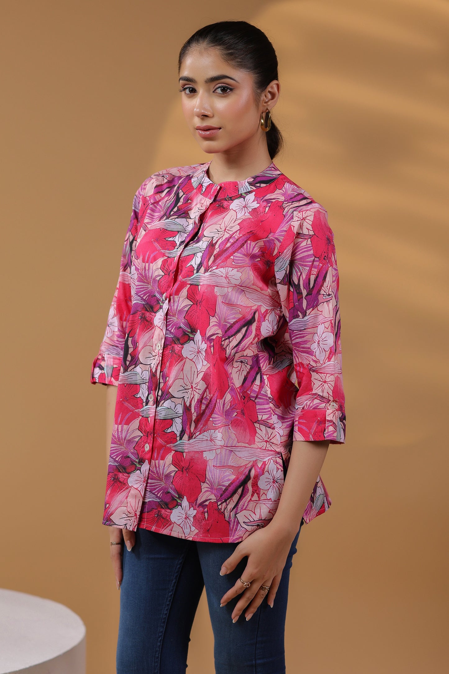 Women Floral Print Round Neck Cotton Top