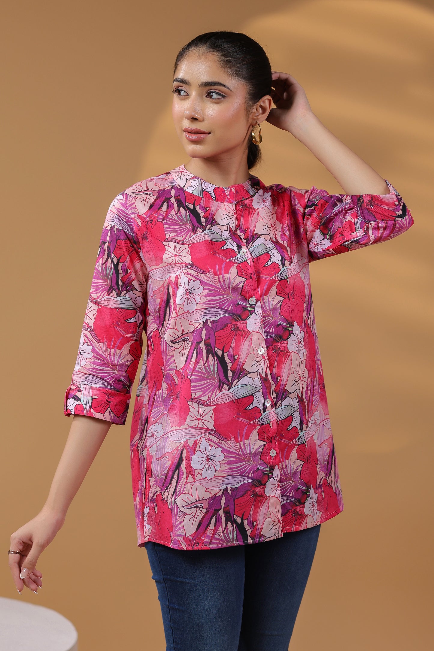 Women Floral Print Round Neck Cotton Top