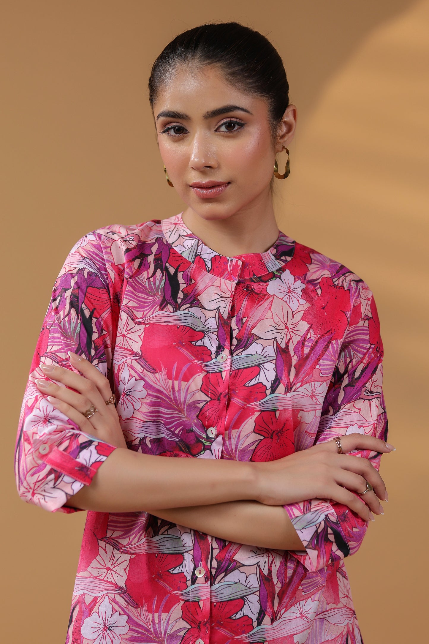 Women Floral Print Round Neck Cotton Top