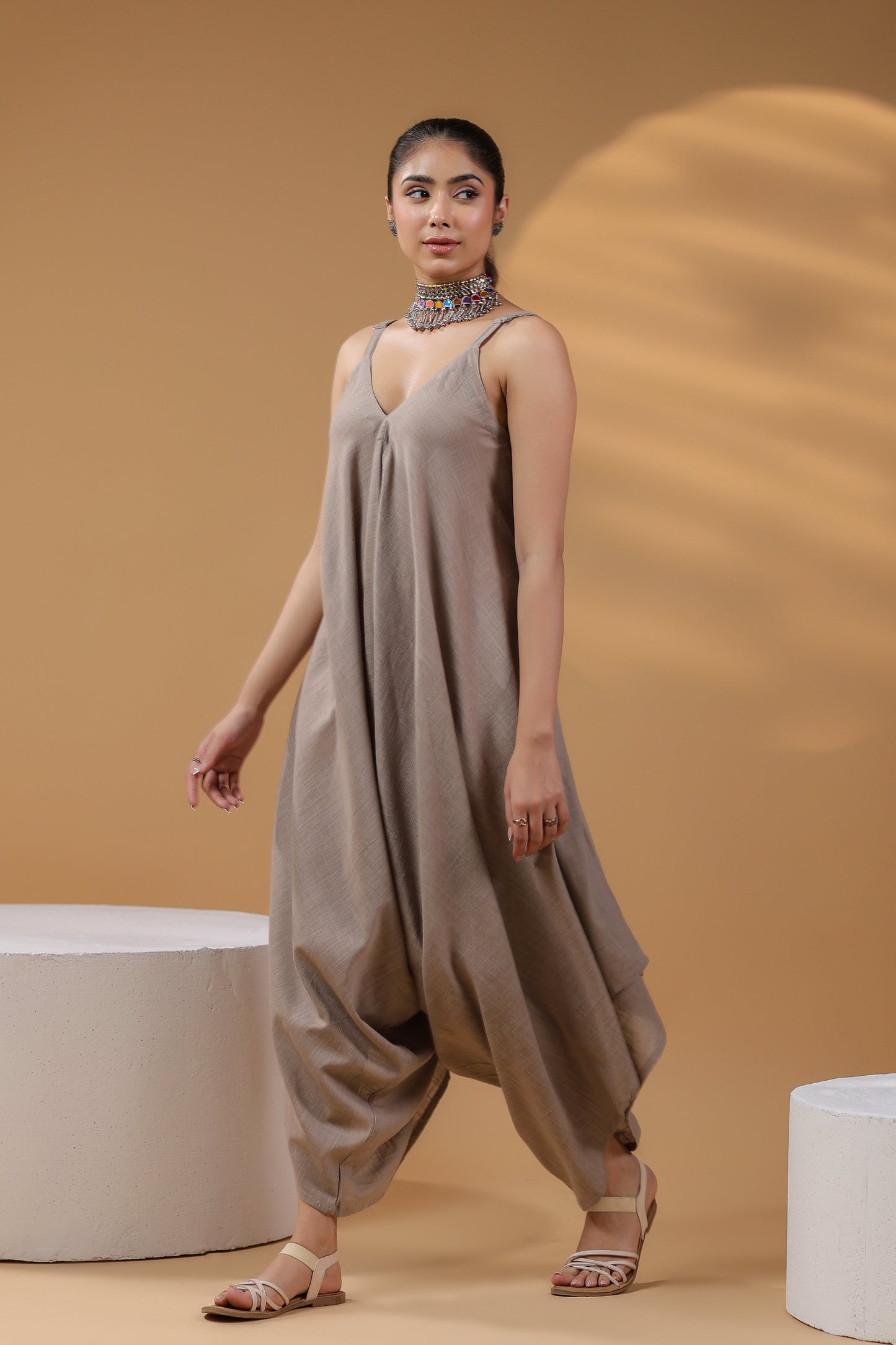 Women Shoulder Straps Cotton Basic Jumpsuit