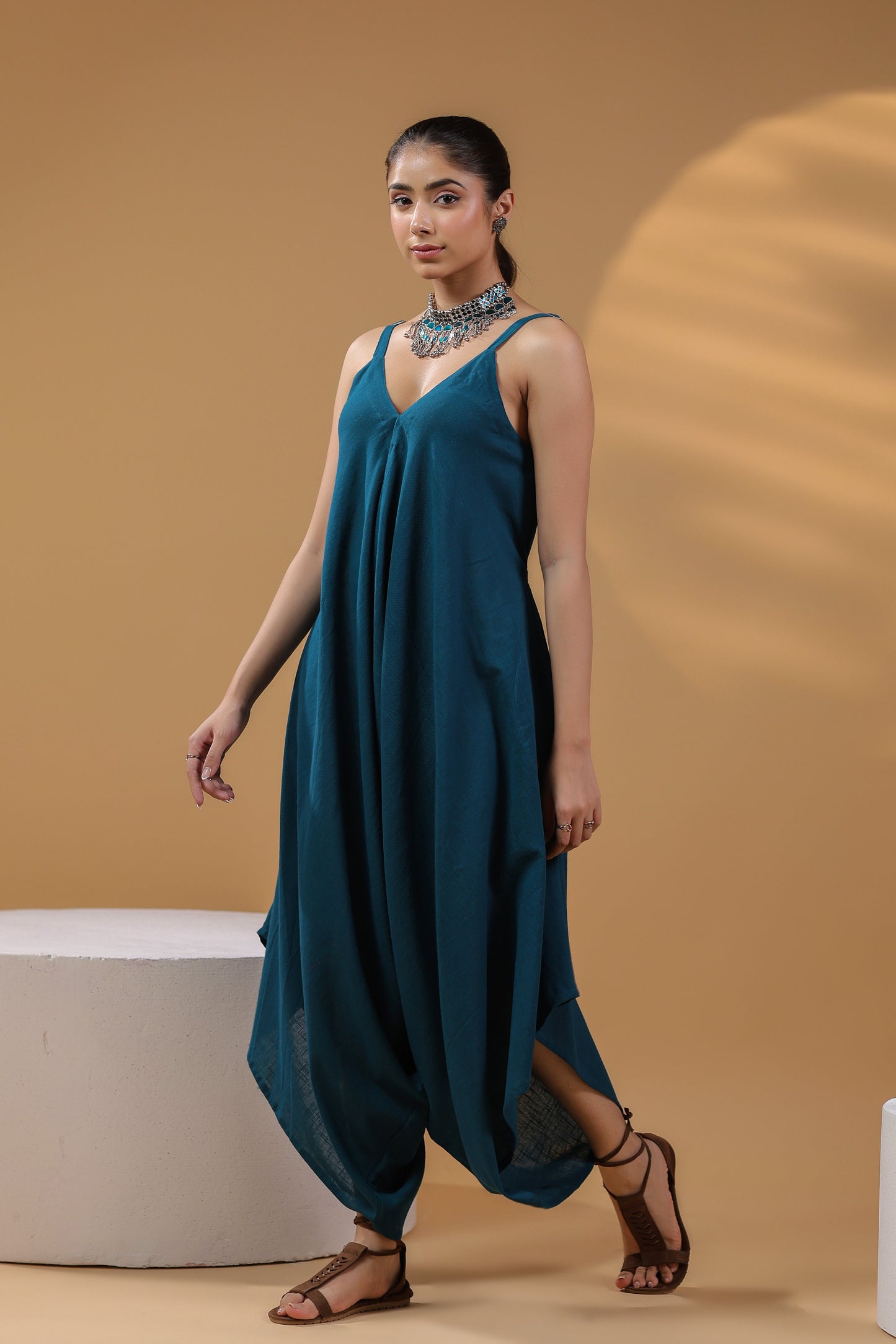 Women Shoulder Straps Cotton Basic Jumpsuit