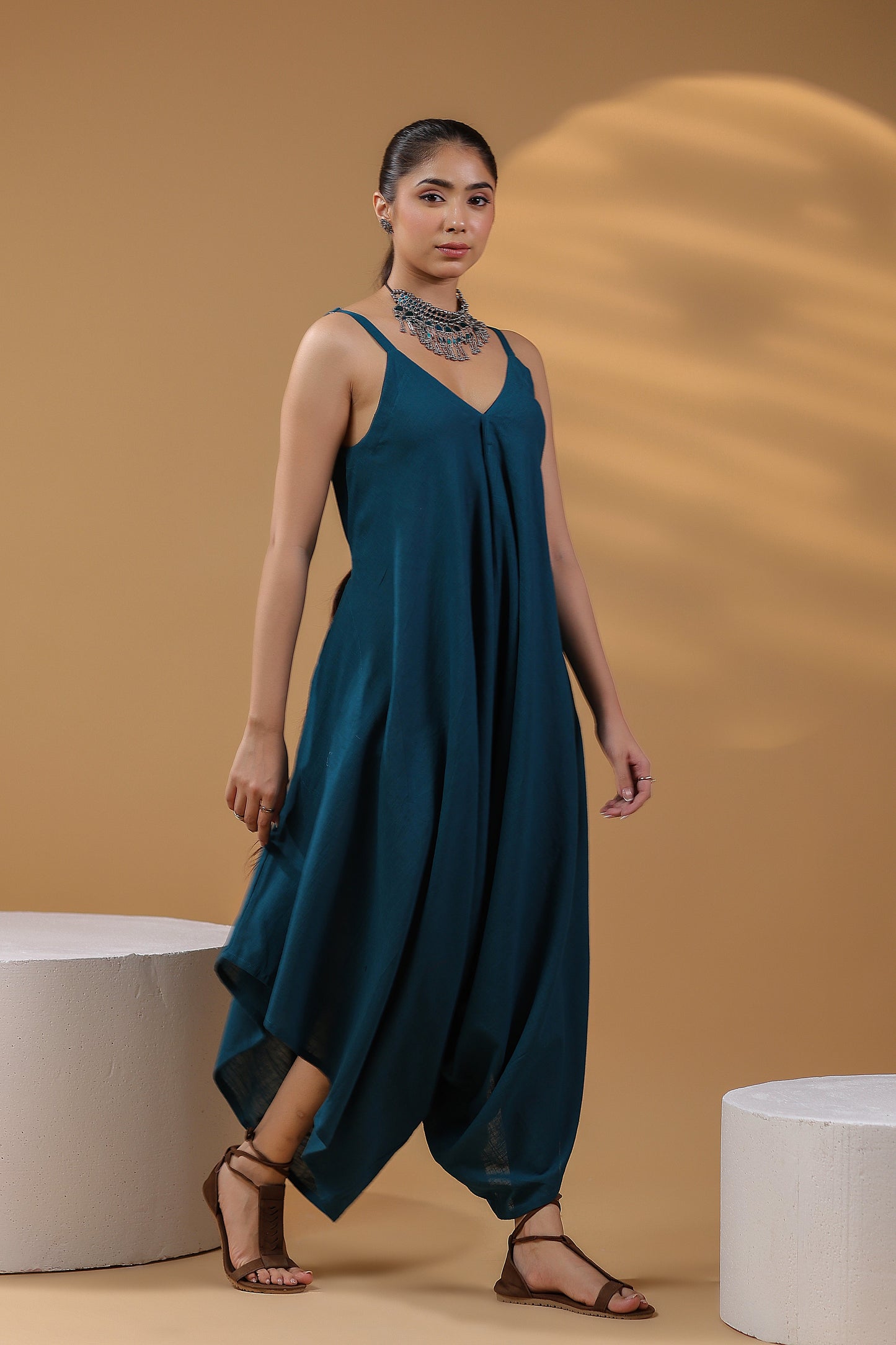 Women Shoulder Straps Cotton Basic Jumpsuit