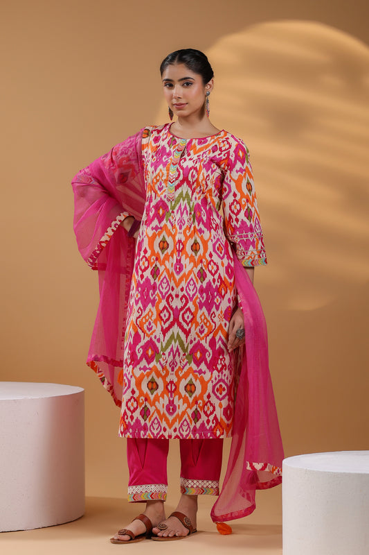 Ethnic Motifs Printed Pure Cotton Straight Kurta With Trousers & Dupatta