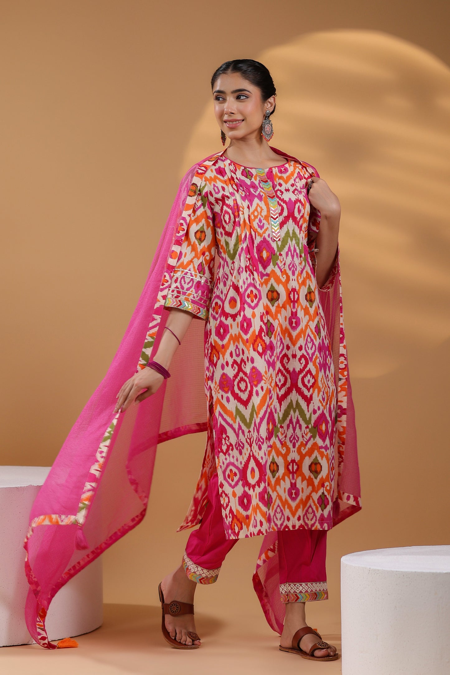 Ethnic Motifs Printed Pure Cotton Straight Kurta With Trousers & Dupatta