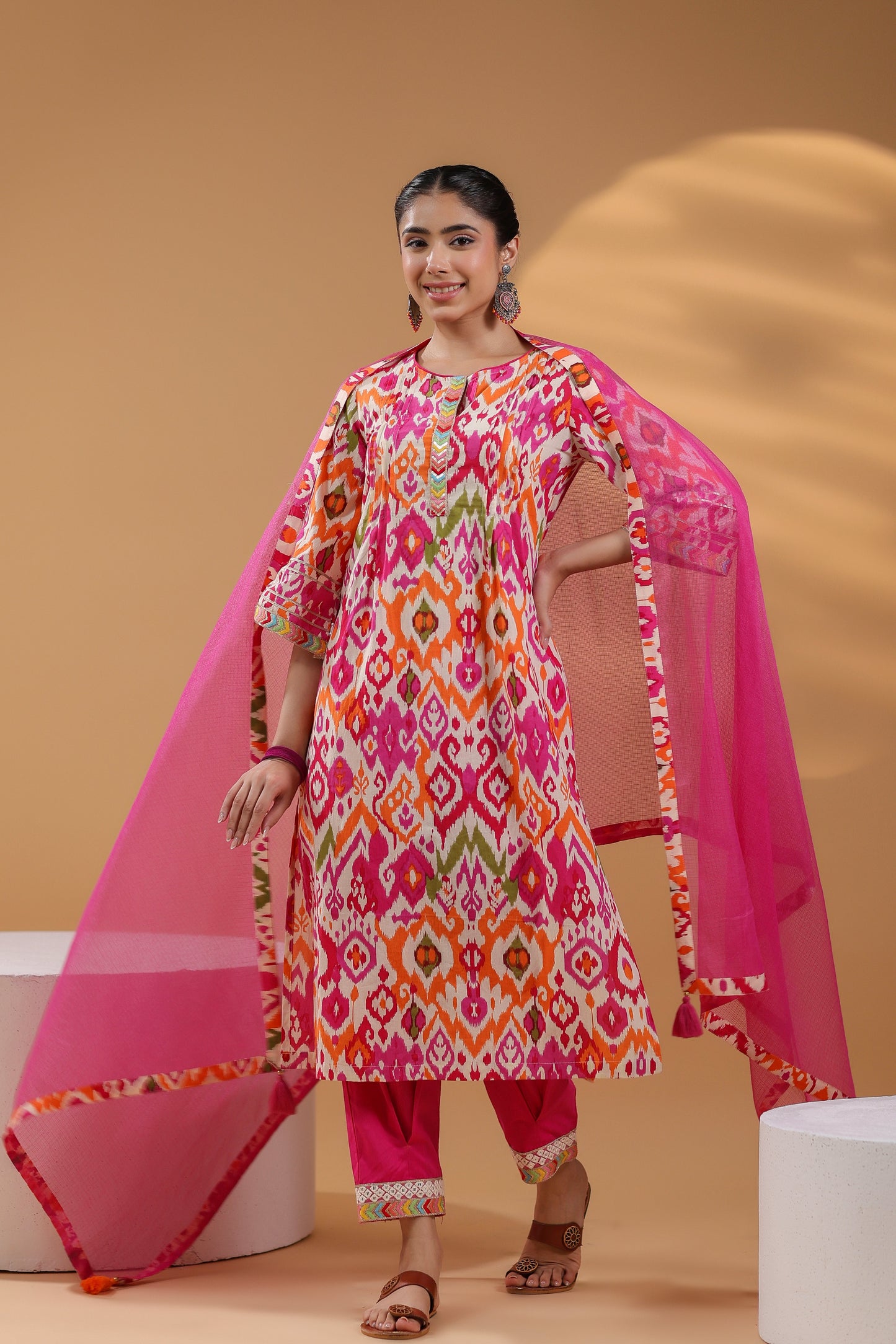 Ethnic Motifs Printed Pure Cotton Straight Kurta With Trousers & Dupatta