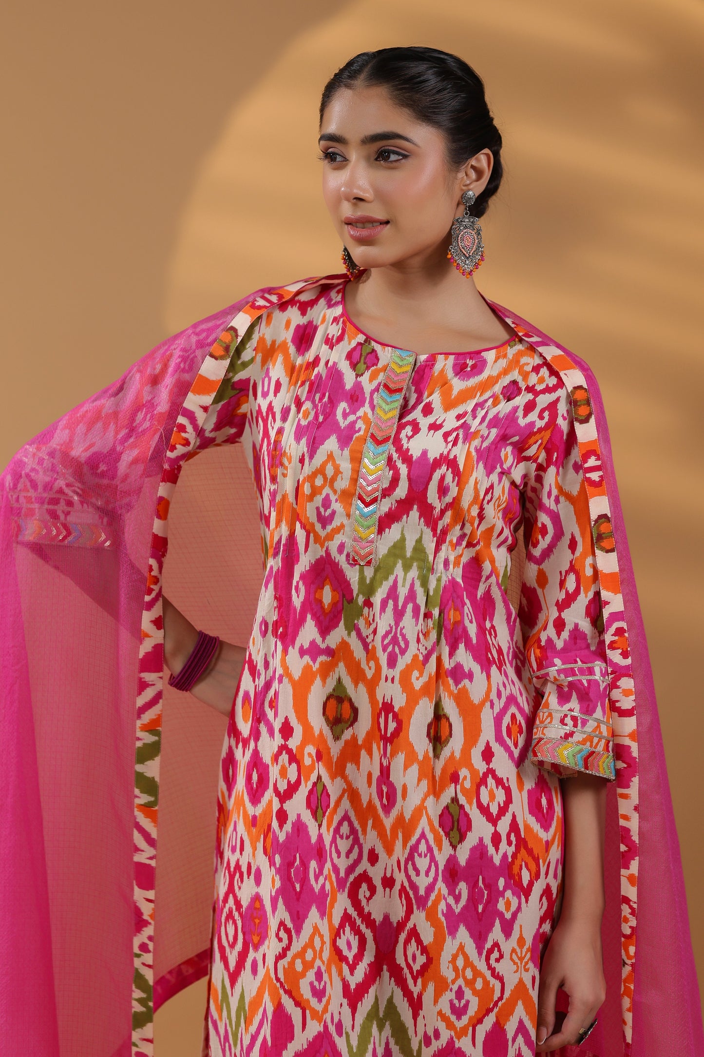 Ethnic Motifs Printed Pure Cotton Straight Kurta With Trousers & Dupatta