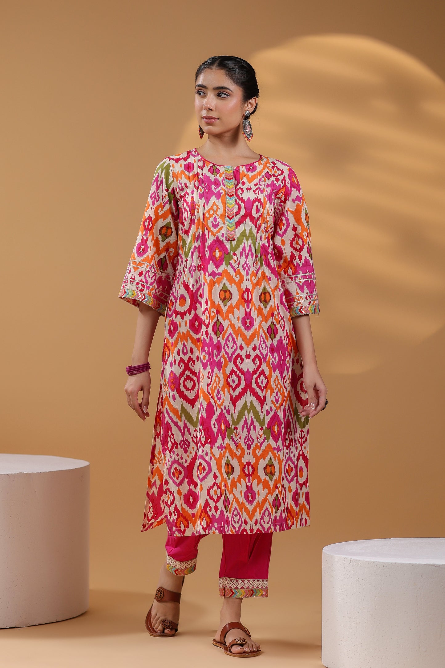 Ethnic Motifs Printed Pure Cotton Straight Kurta With Trousers & Dupatta