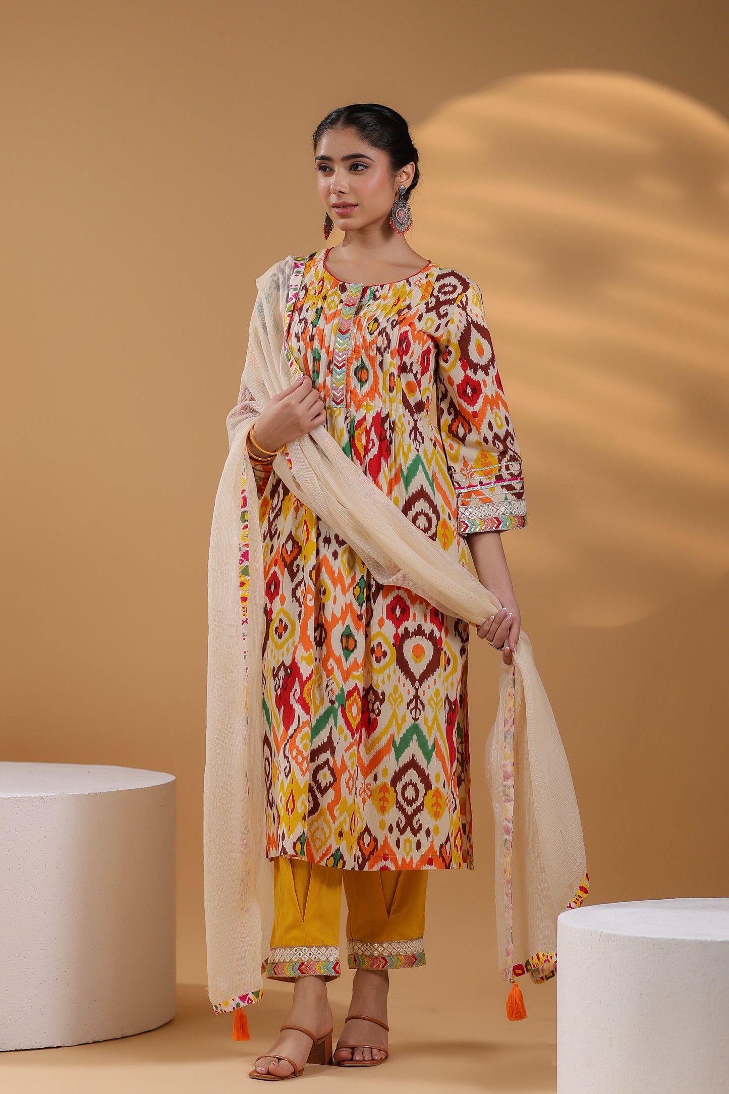 Ethnic Motifs Printed Pure Cotton Straight Kurta With Trousers & Dupatta