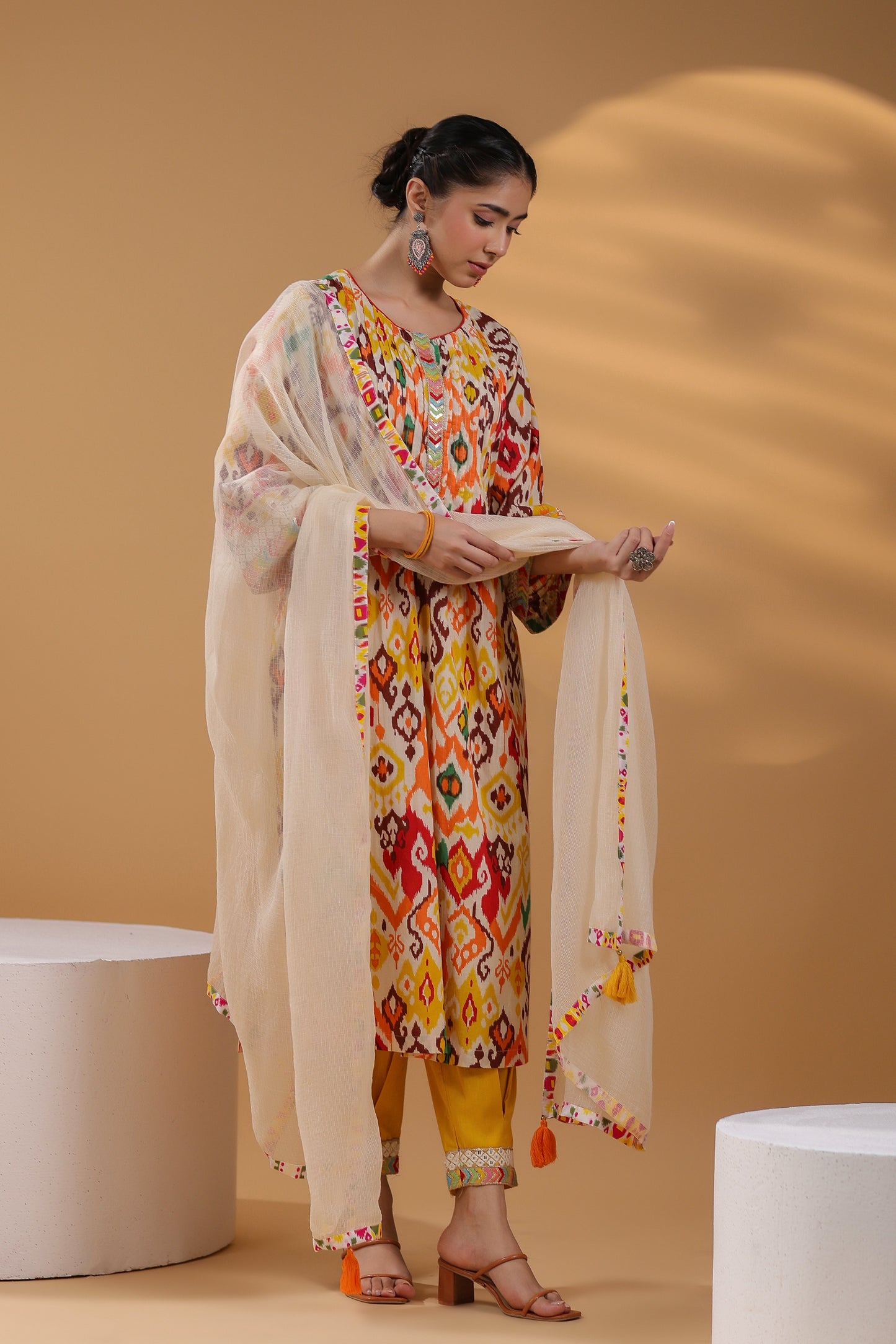 Ethnic Motifs Printed Pure Cotton Straight Kurta With Trousers & Dupatta