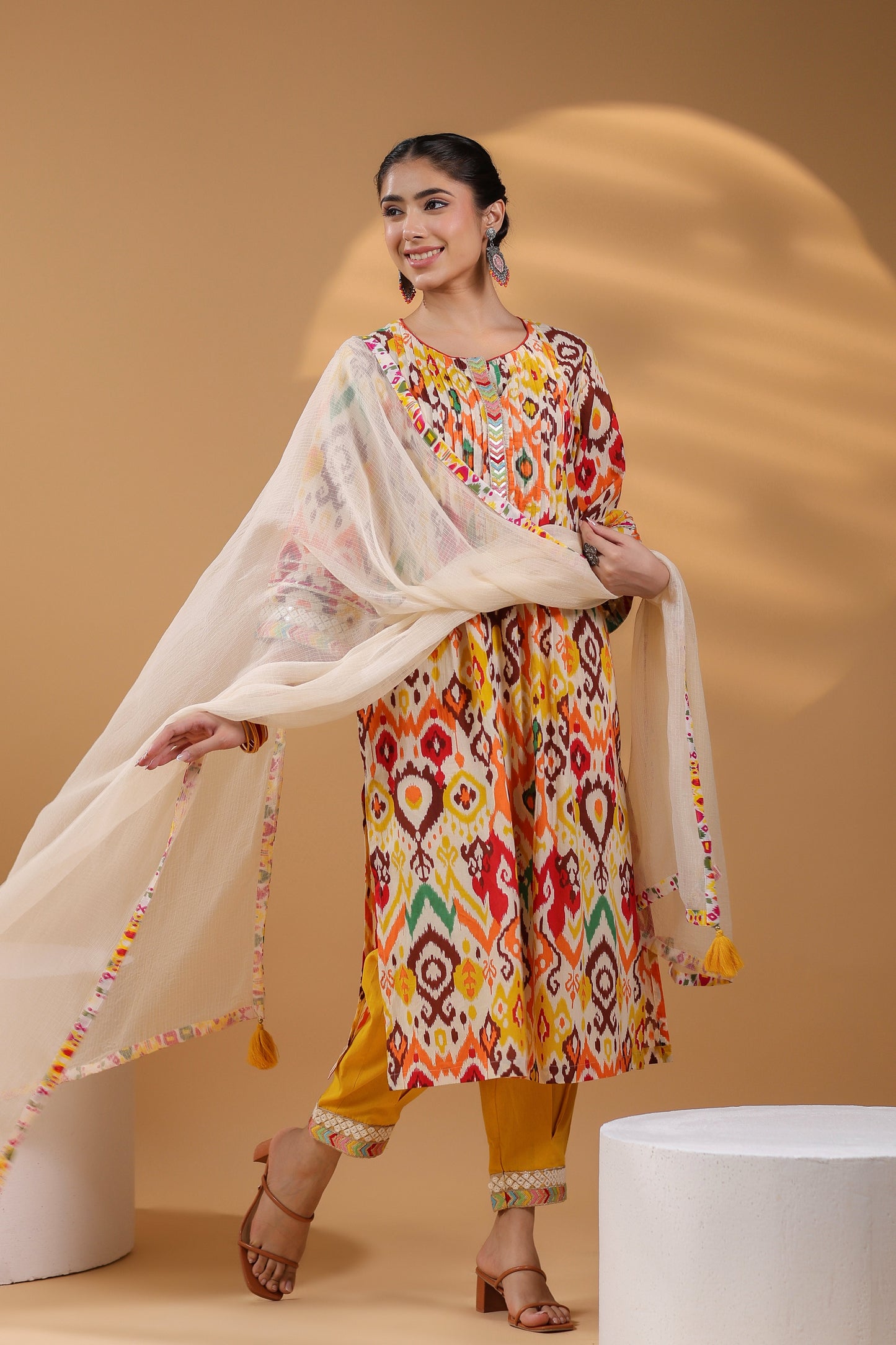 Ethnic Motifs Printed Pure Cotton Straight Kurta With Trousers & Dupatta
