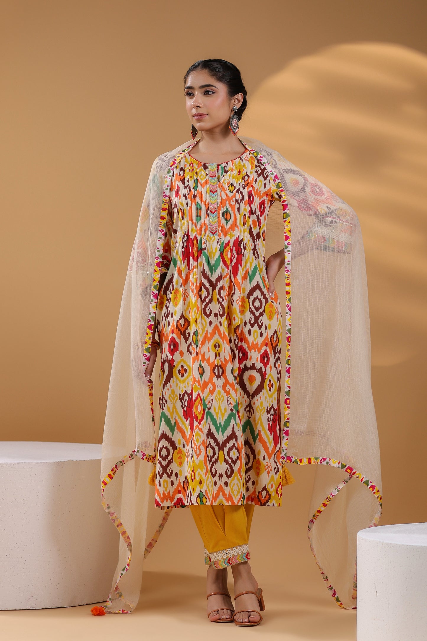 Ethnic Motifs Printed Pure Cotton Straight Kurta With Trousers & Dupatta