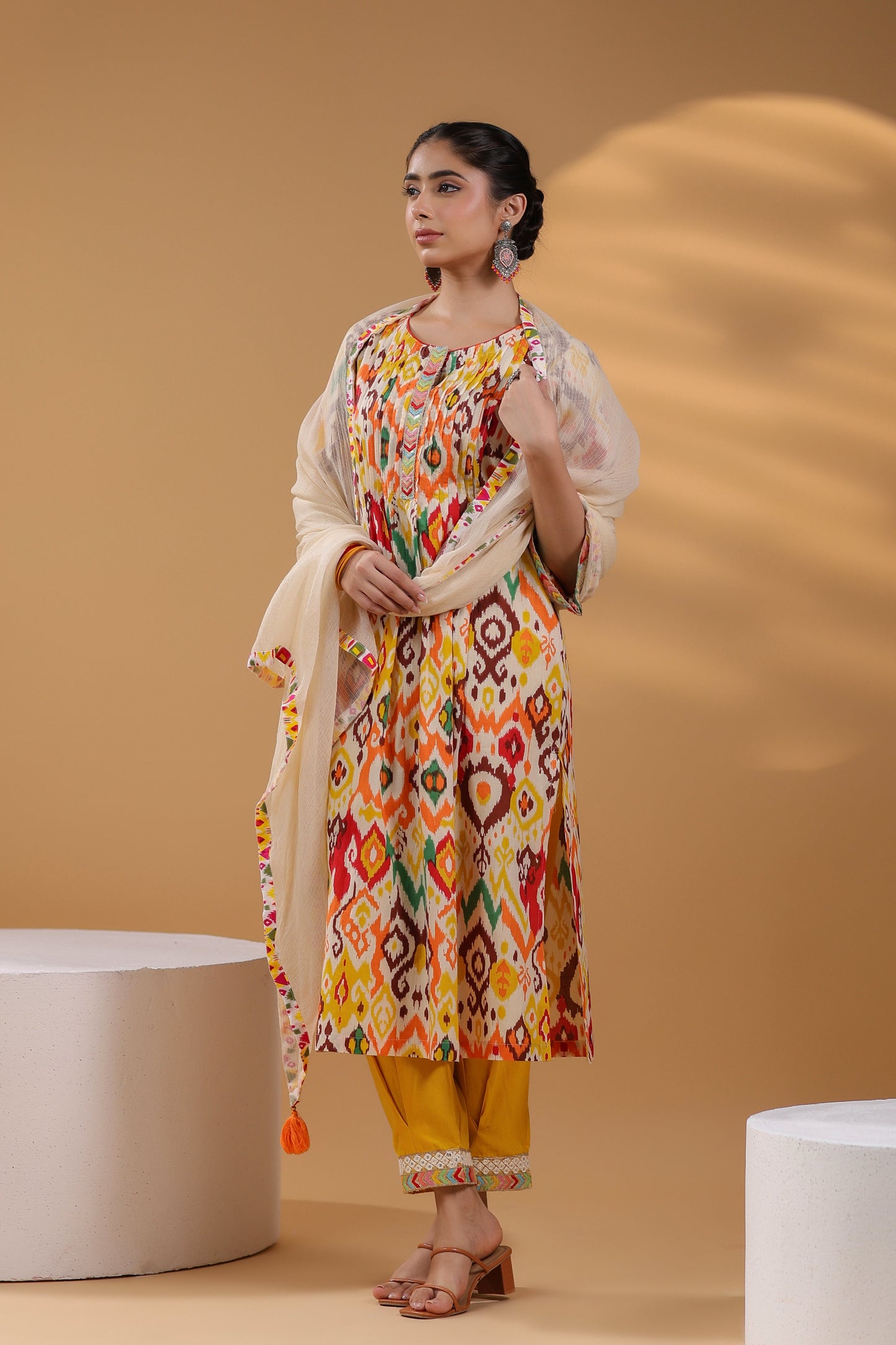 Ethnic Motifs Printed Pure Cotton Straight Kurta With Trousers & Dupatta