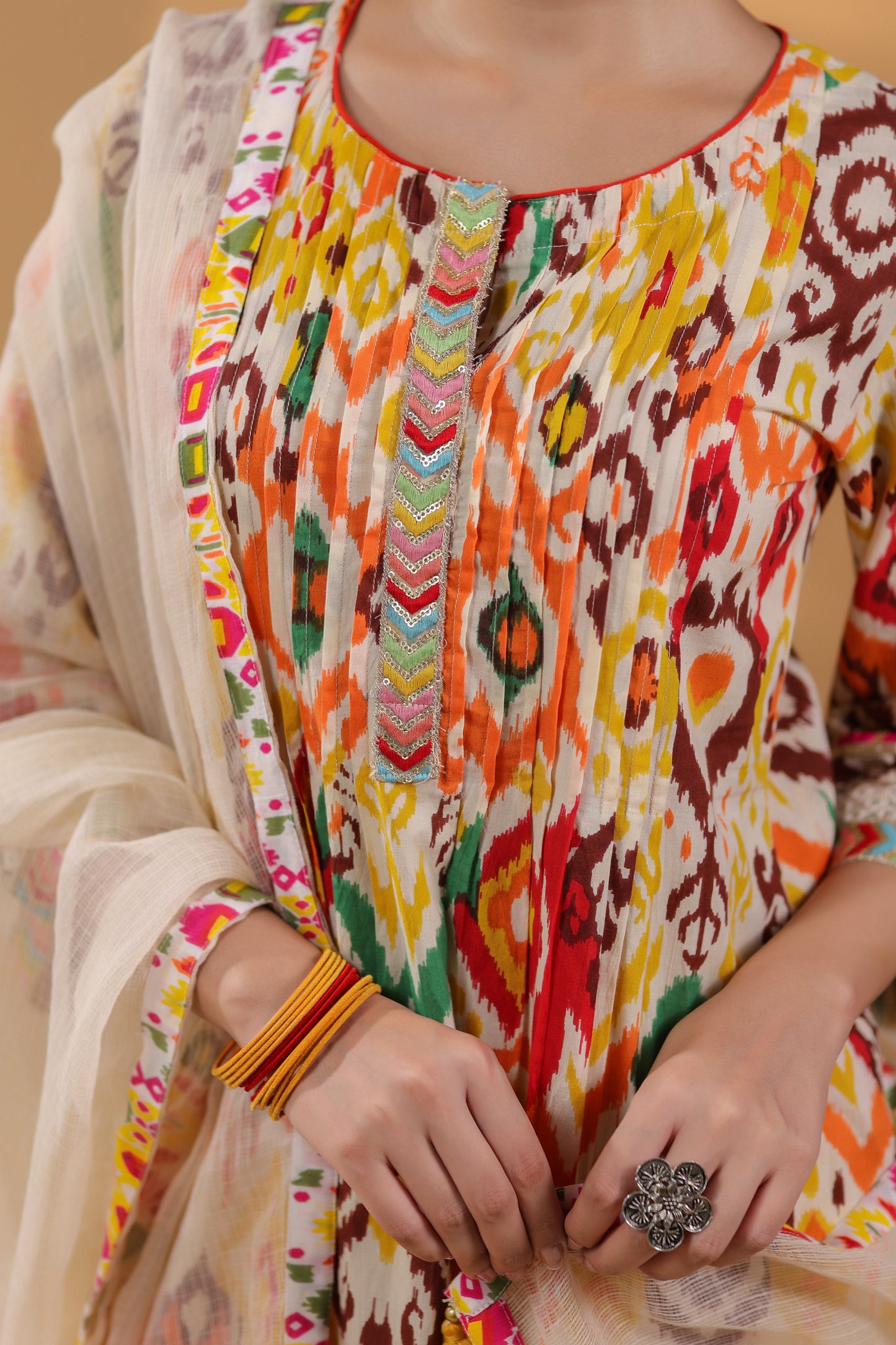 Ethnic Motifs Printed Pure Cotton Straight Kurta With Trousers & Dupatta