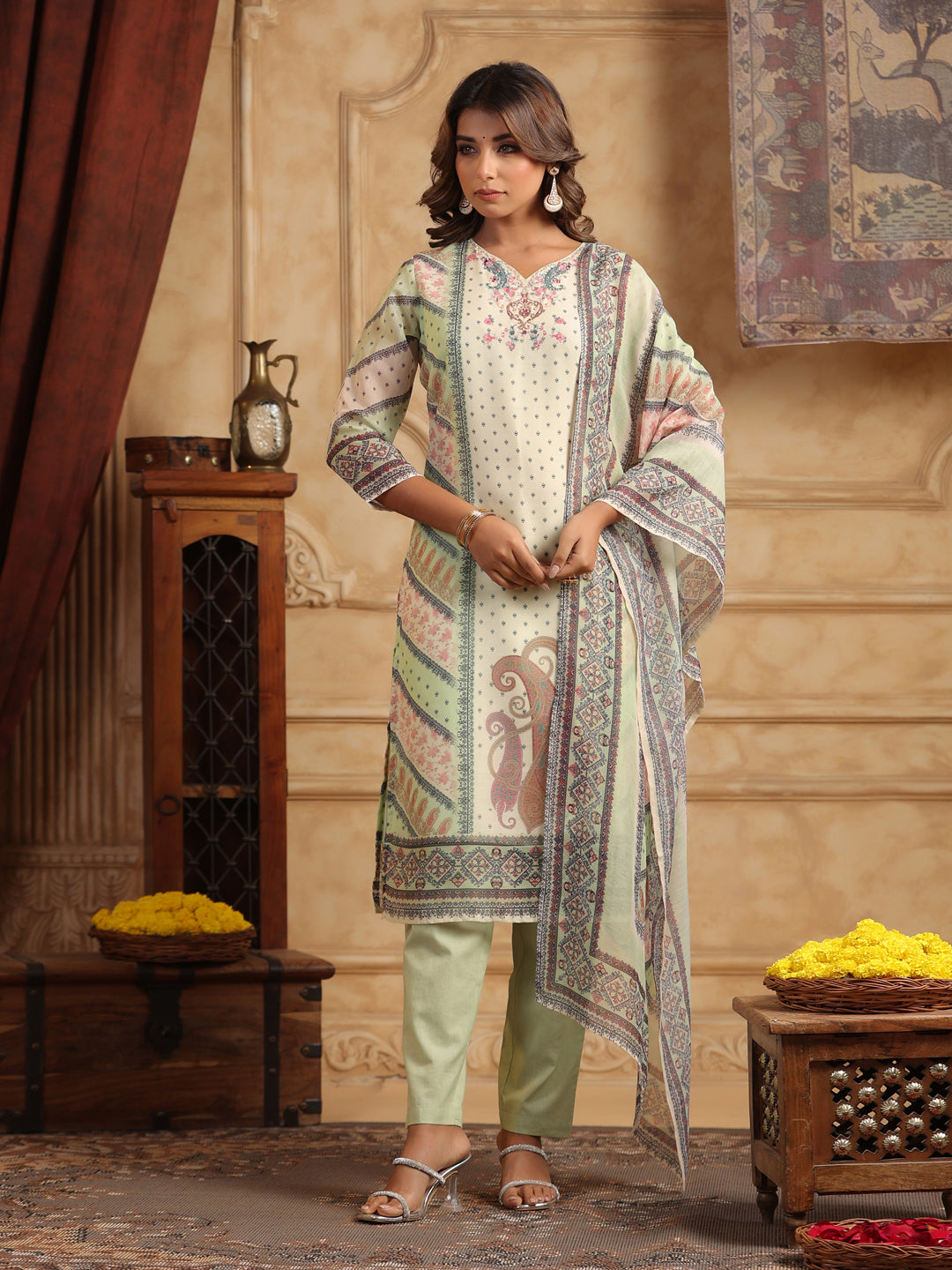Ethnic Motifs Printed Sequinned Straight Kurta With Trouser & Dupatta