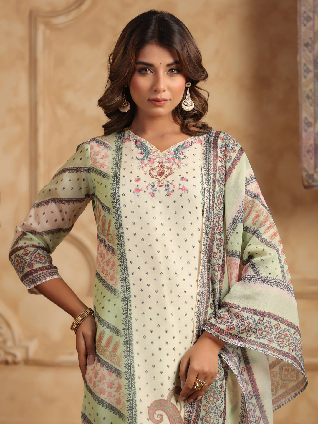 Ethnic Motifs Printed Sequinned Straight Kurta With Trouser & Dupatta
