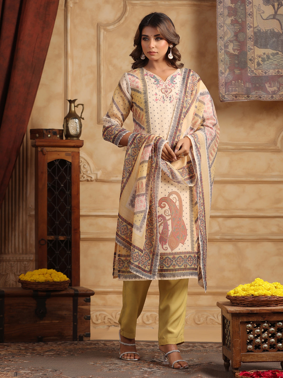 Printed Beads and Stones Straight Kurta with Trousers & Dupatta