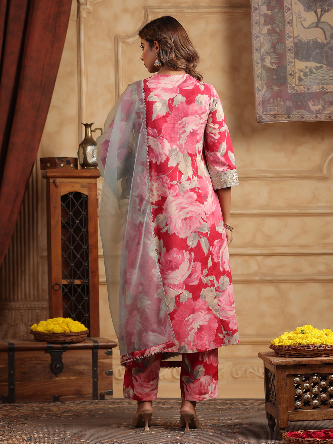Floral Printed Sequinned Pure Cotton Anarkali Kurta with Trousers & Dupatta