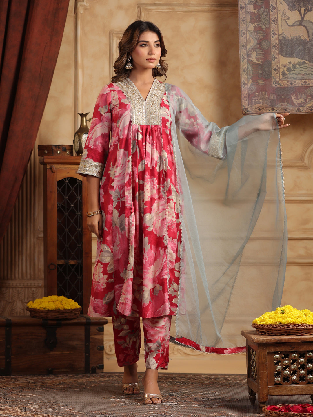 Floral Printed Sequinned Pure Cotton Anarkali Kurta with Trousers & Dupatta