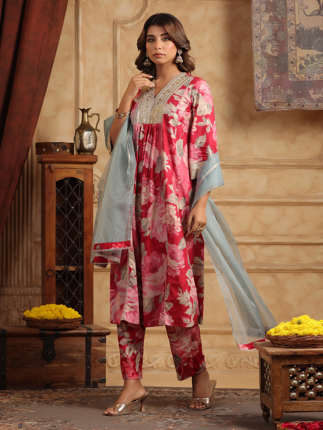 Floral Printed Sequinned Pure Cotton Anarkali Kurta with Trousers & Dupatta