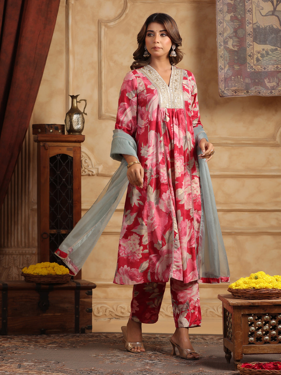 Floral Printed Sequinned Pure Cotton Anarkali Kurta with Trousers & Dupatta