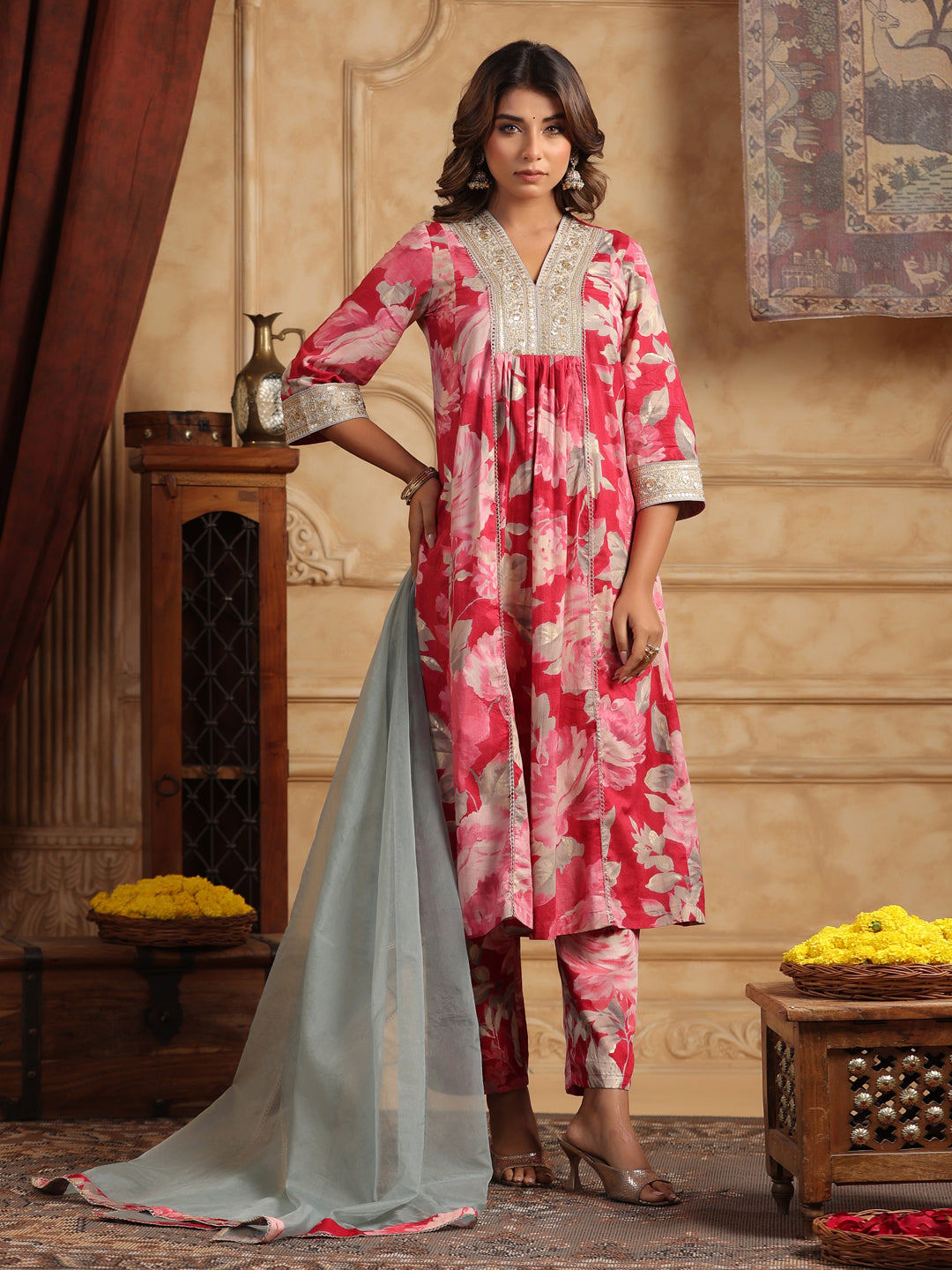 Floral Printed Sequinned Pure Cotton Anarkali Kurta with Trousers & Dupatta
