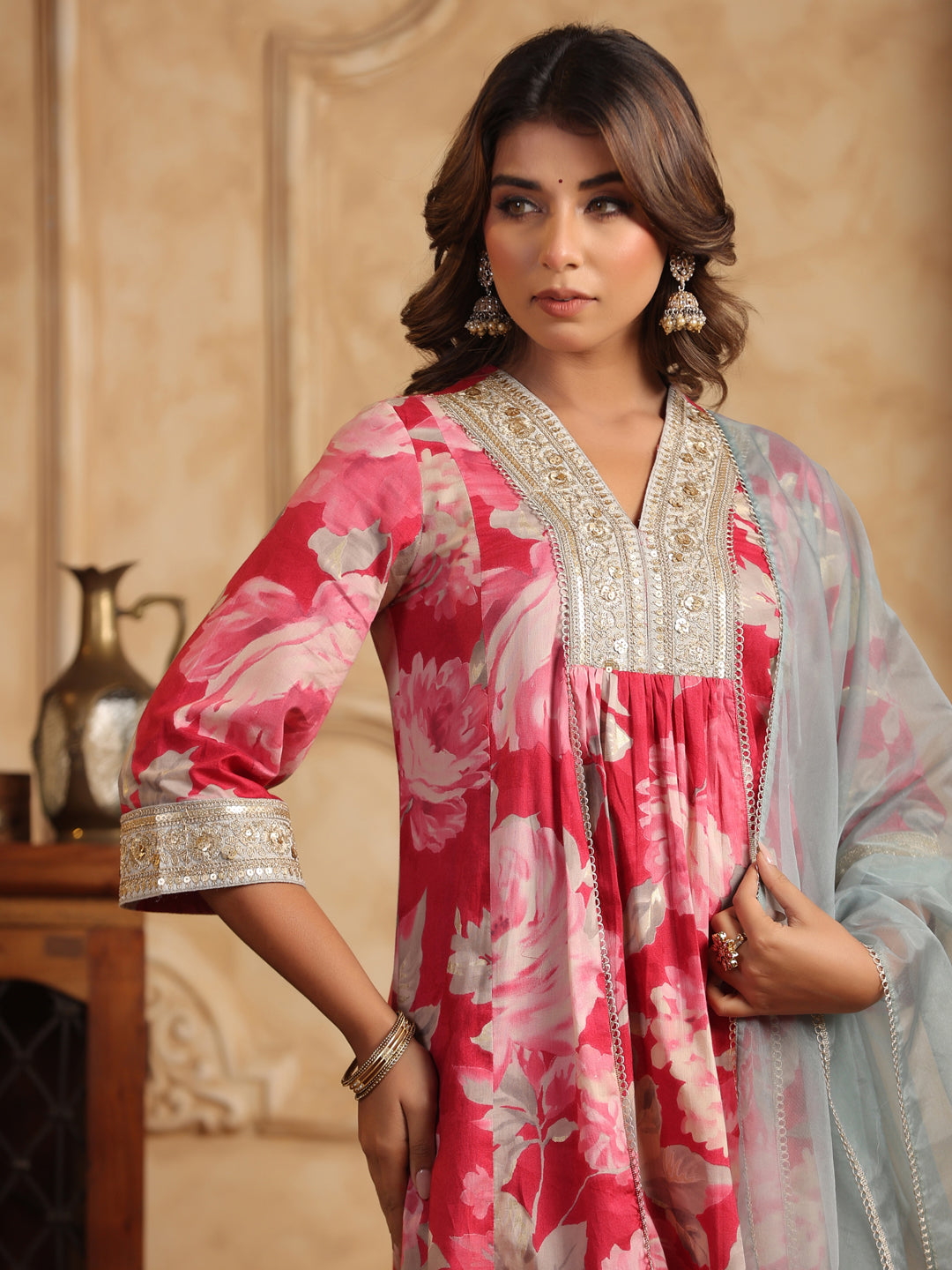 Floral Printed Sequinned Pure Cotton Anarkali Kurta with Trousers & Dupatta
