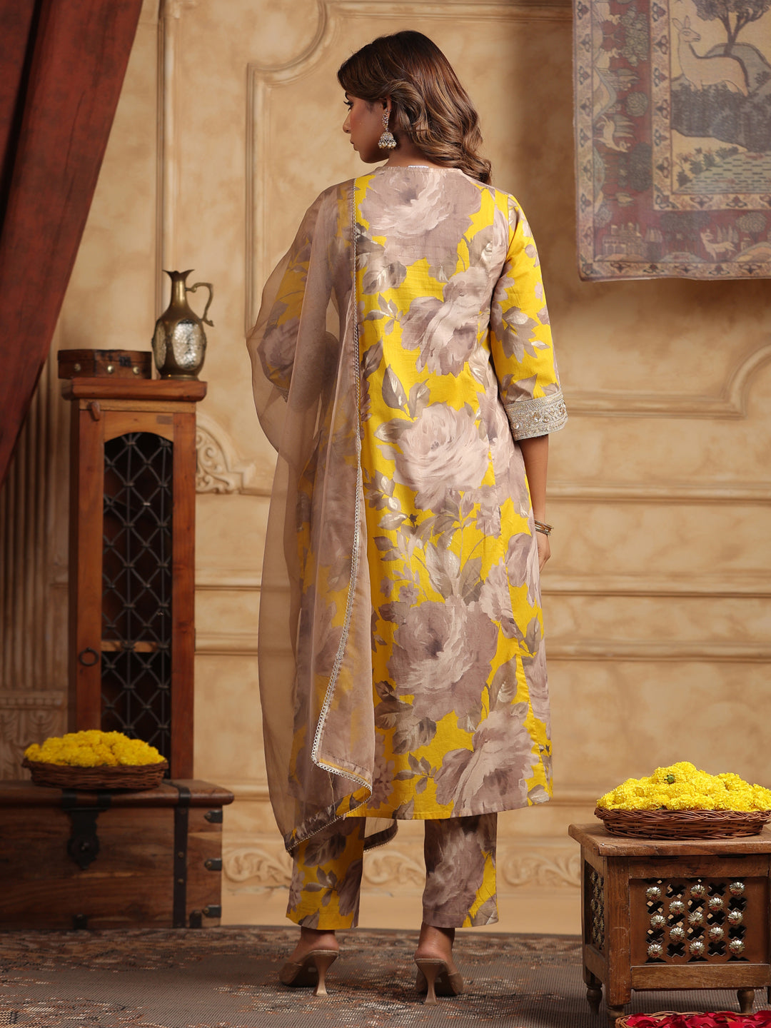Floral Printed Sequinned Pure Cotton Anarkali Kurta with Trousers & Dupatta