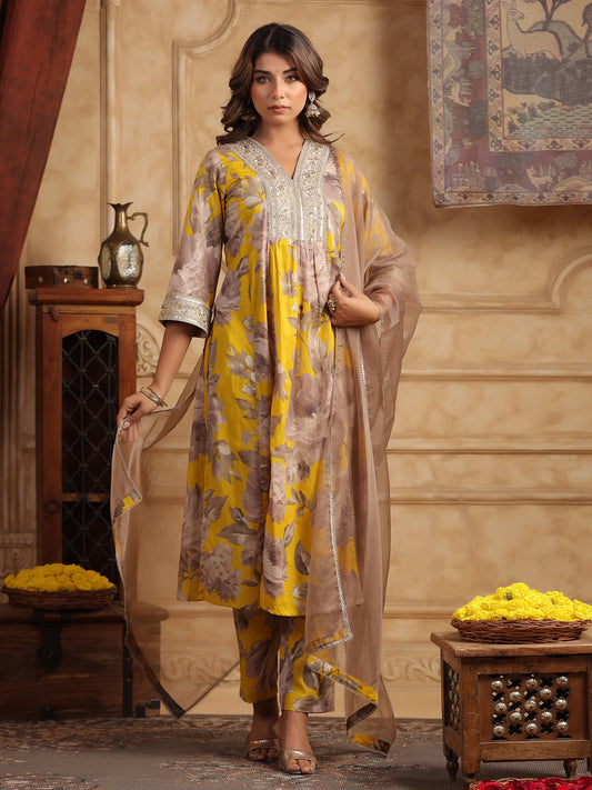 Floral Printed Sequinned Pure Cotton Anarkali Kurta with Trousers & Dupatta