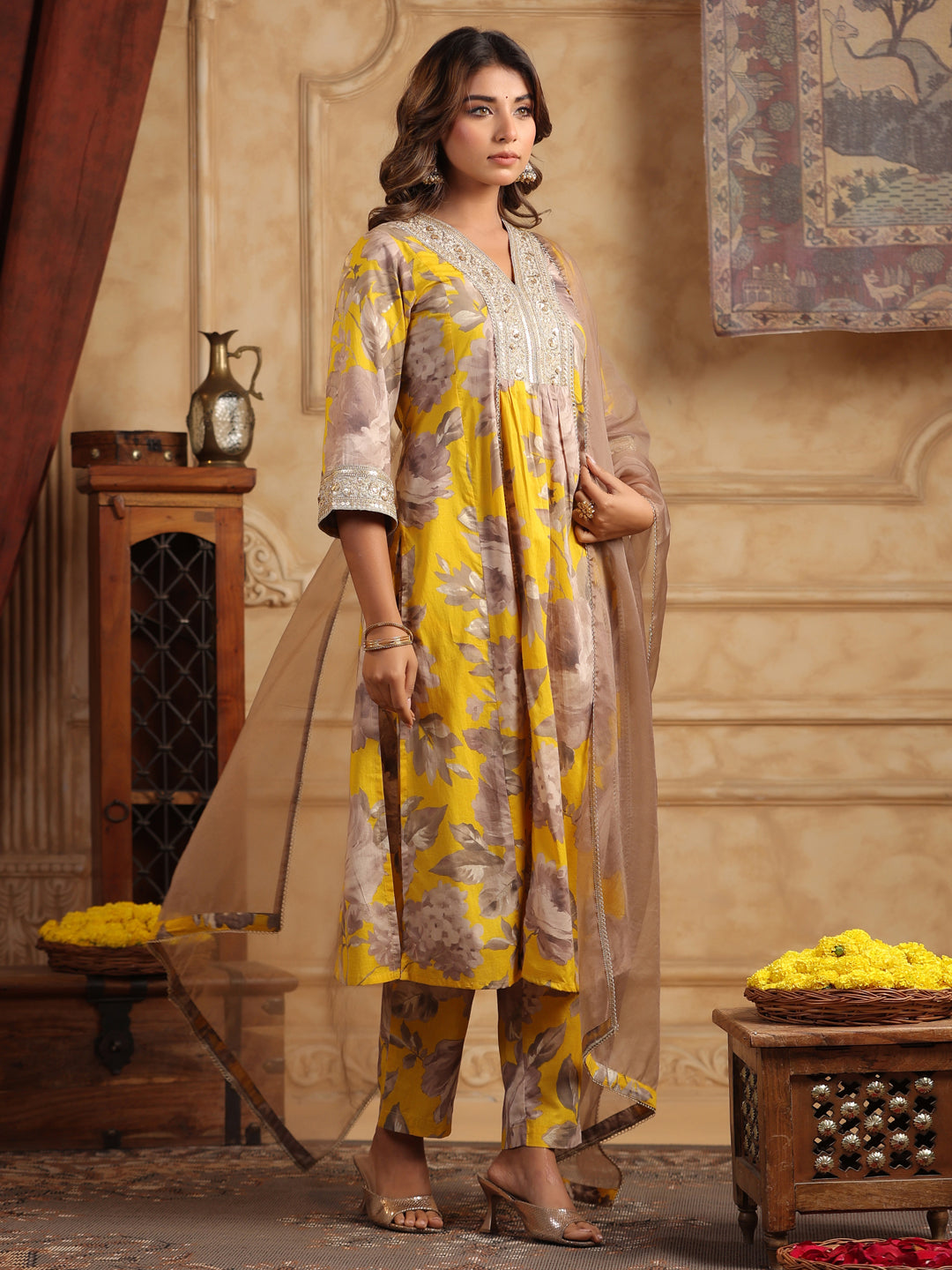 Floral Printed Sequinned Pure Cotton Anarkali Kurta with Trousers & Dupatta