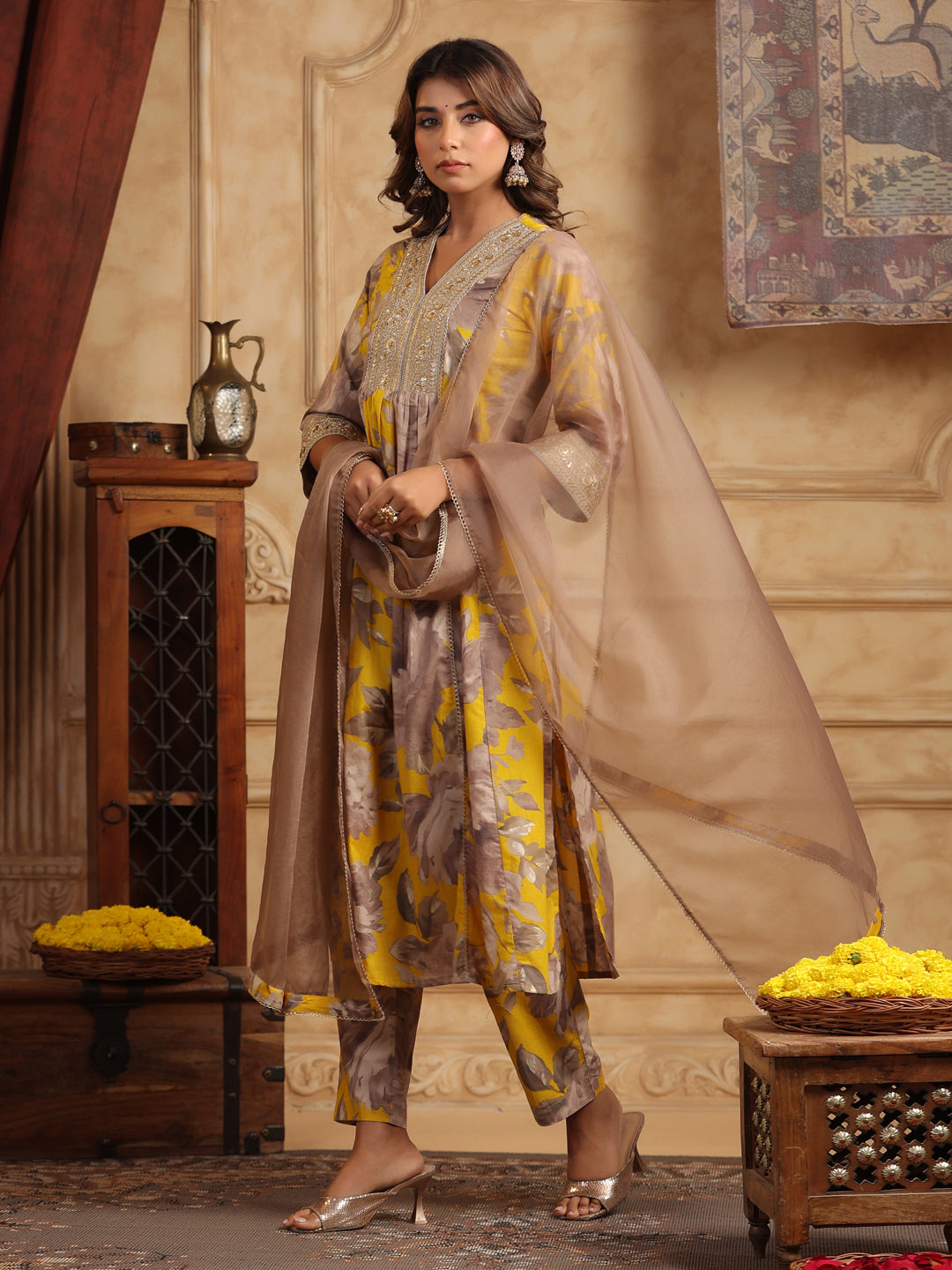 Floral Printed Sequinned Pure Cotton Anarkali Kurta with Trousers & Dupatta