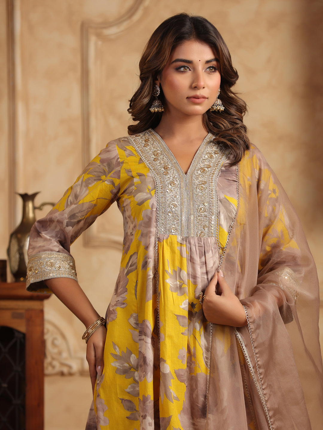 Floral Printed Sequinned Pure Cotton Anarkali Kurta with Trousers & Dupatta