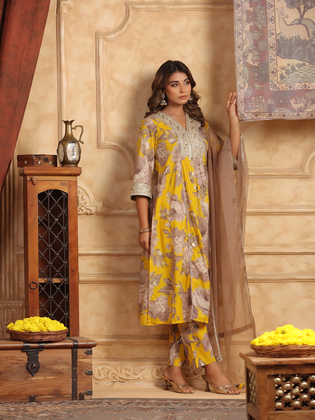 Floral Printed Sequinned Pure Cotton Anarkali Kurta with Trousers & Dupatta